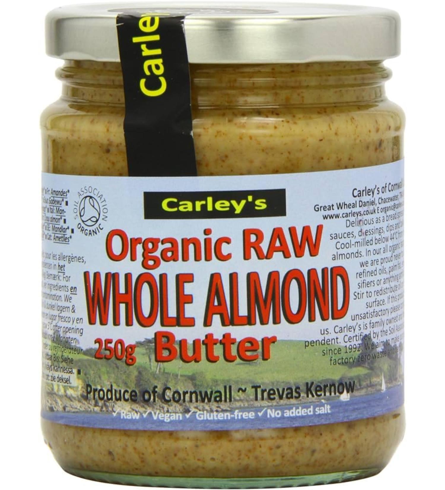 Carleys Raw Whole Almond Butter 250g - Unroasted Pure Almond Bliss No Added Salt Preservatives or Sweeteners Vegan-Friendly Nut Spread for Healthy Snacking