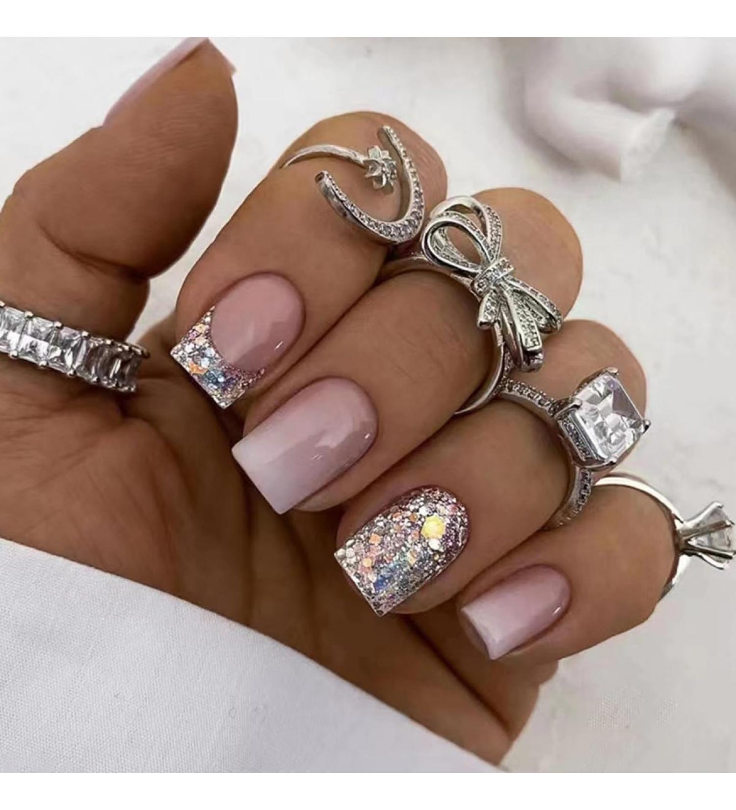 Justotry 24-Piece Glitter French Press-On Nails - Glossy Milky & Pink Angular Square Artificial Nails for Stunning Nail Art | International Shipping - Buy Online on GoSupps.com