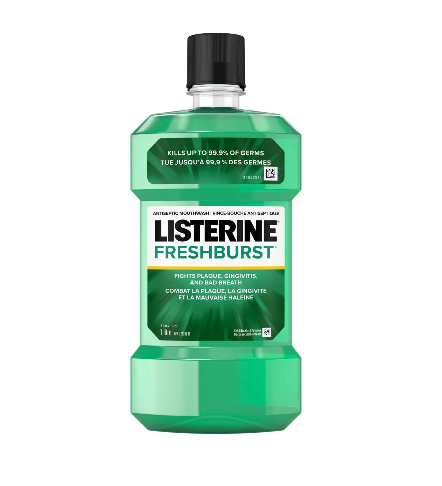 Listerine Fresh Burst Antiseptic Mouthwash Essential Oils Menthol Thymol Eucalpytol Plaque Bad Breath Gingivitis 1L Mouthwash Fresh Burst - Buy Online on GoSupps.com