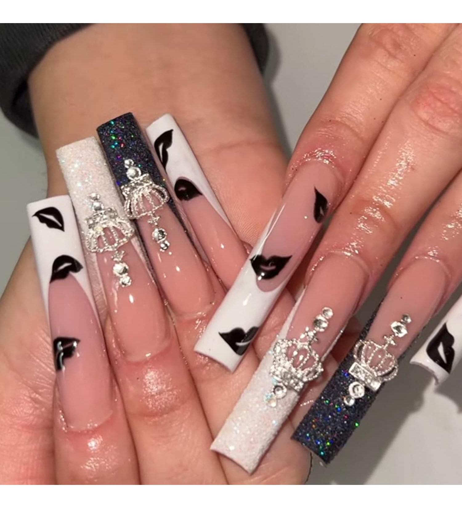Crown Press on Nails - Exquisite Black & White Lip Print Design with Rhinestones - 24 Pcs - Buy Online on GoSupps.com
