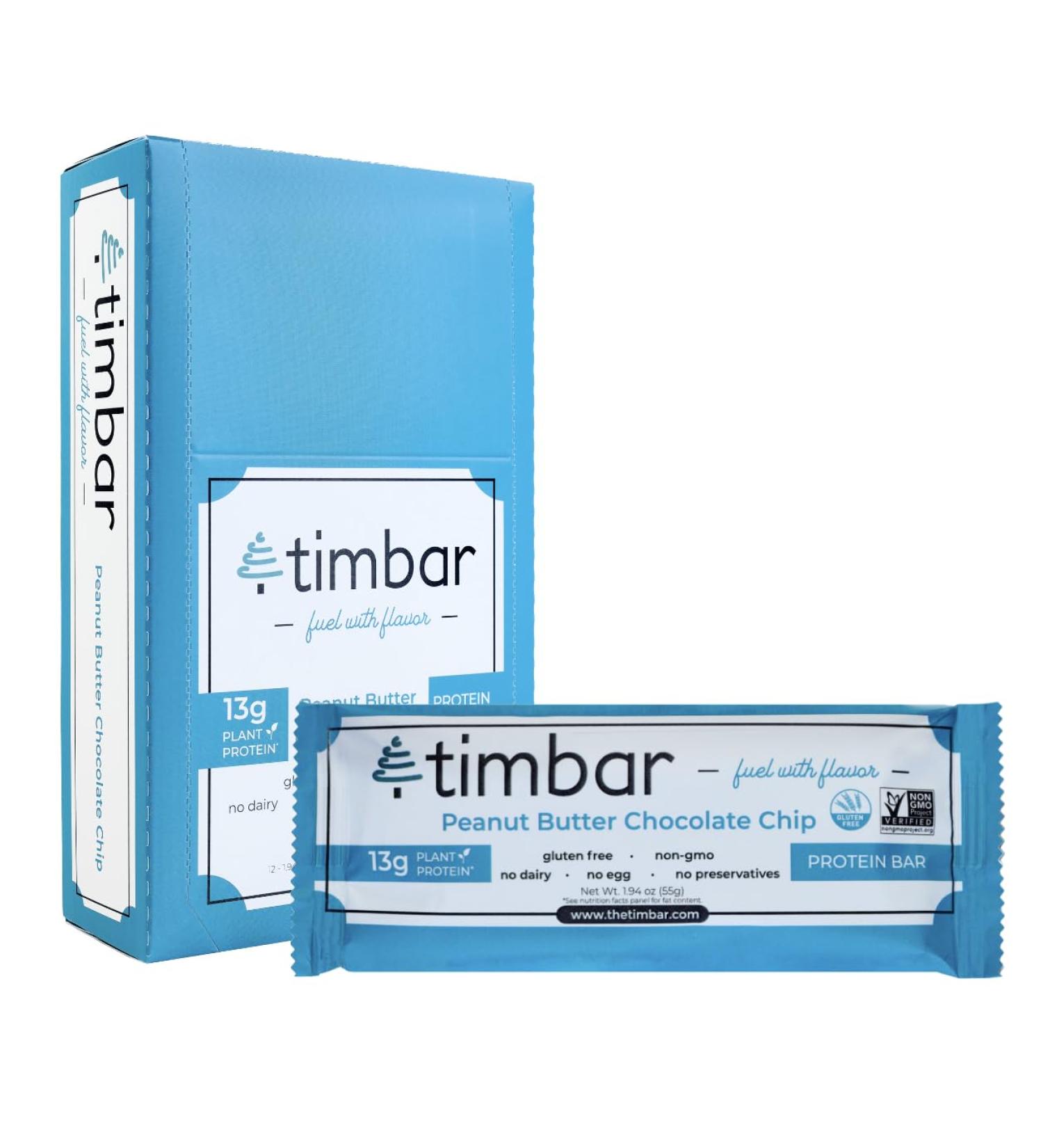 Timbar Protein Bars - Peanut Butter Chocolate Chip | Plant Based Non-GMO Gluten Free 13g Protein (12 Bars - Buy Online on GoSupps.com