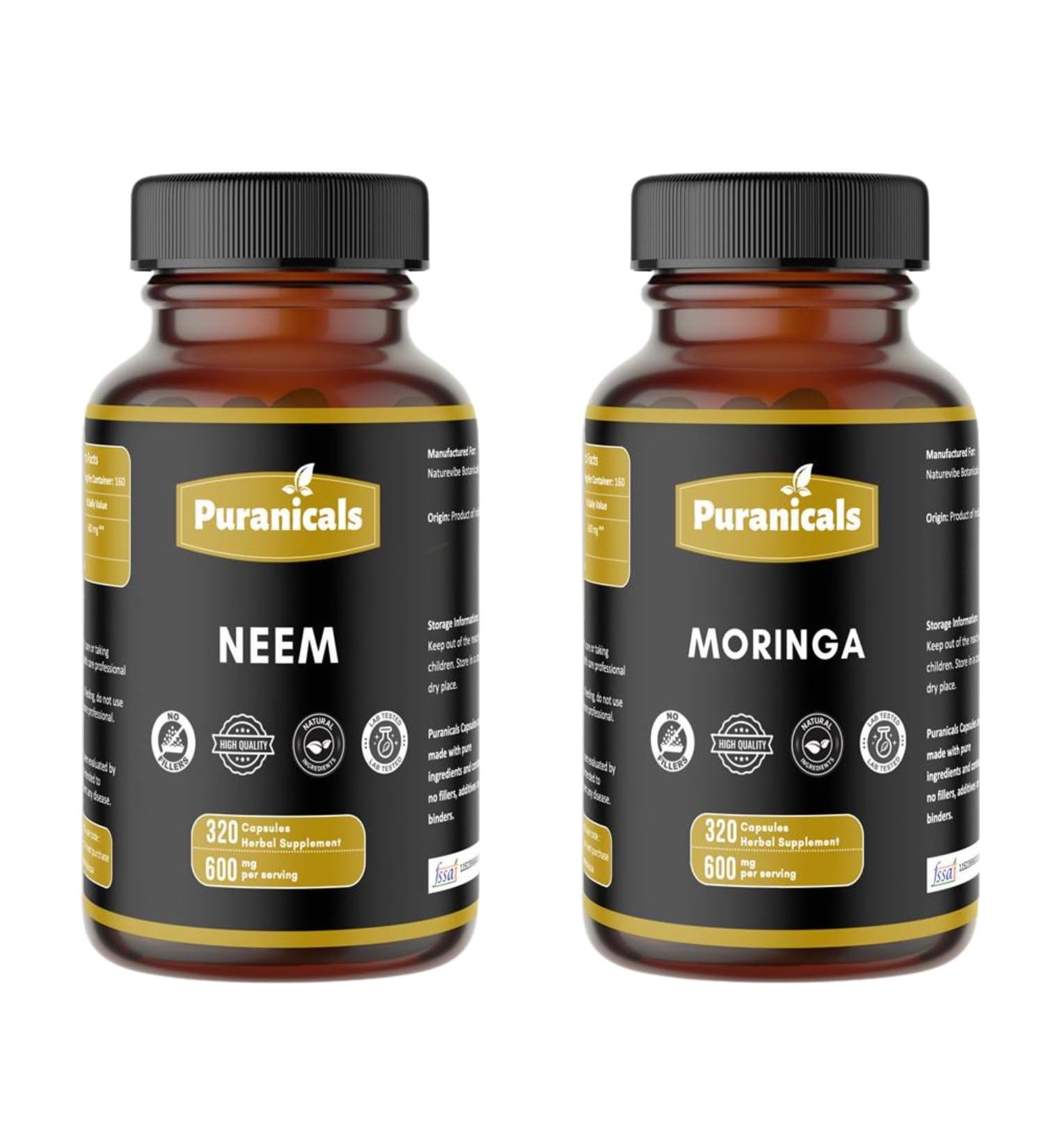 Neem 320 Capsules and Moringa 320 Capsules | Herbal Essentials Bundle | Daily Herbal Essentials | Non-GMO Ingredients No Artificial Colors | Capsules Combo Pack - Buy Online on GoSupps.com