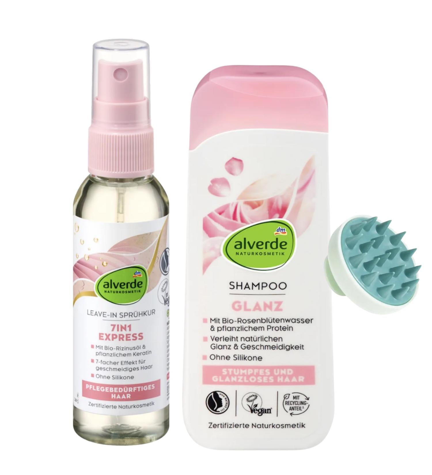  Alverde Alverde 7-in-1 Express Leave-In Spray (2 x 75ml) + Shine Shampoo with Rose Petal Water and Plant Proteins (200ml) + Bonus Scalp Massage Brush - Buy Online on GoSupps.com