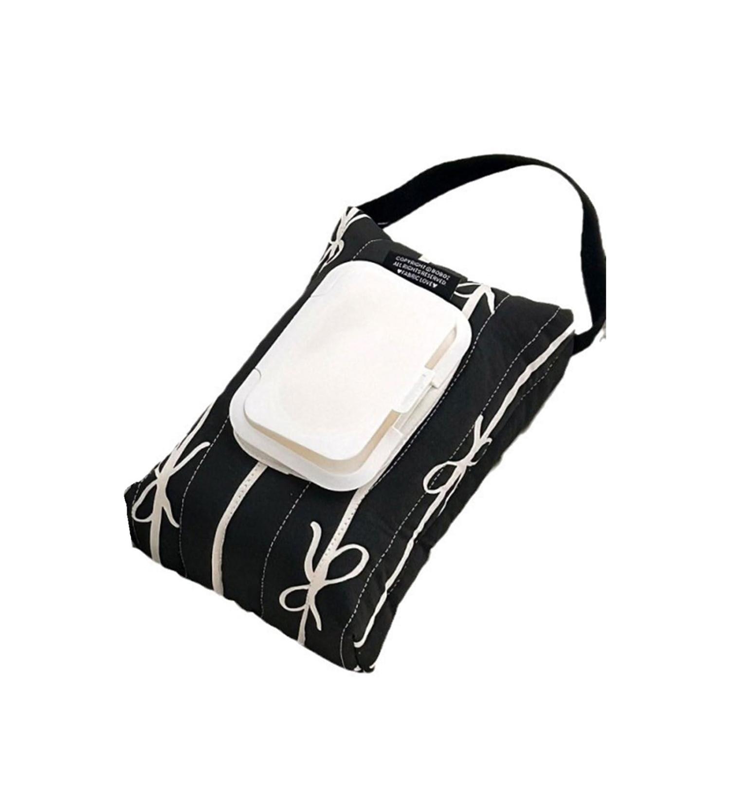 Elegant Striped Wet Wipe Storage Case Comfortable Sturdy Cotton Bag with Bowknot for Stylish Parents Daily Use Black - Buy Online on GoSupps.com