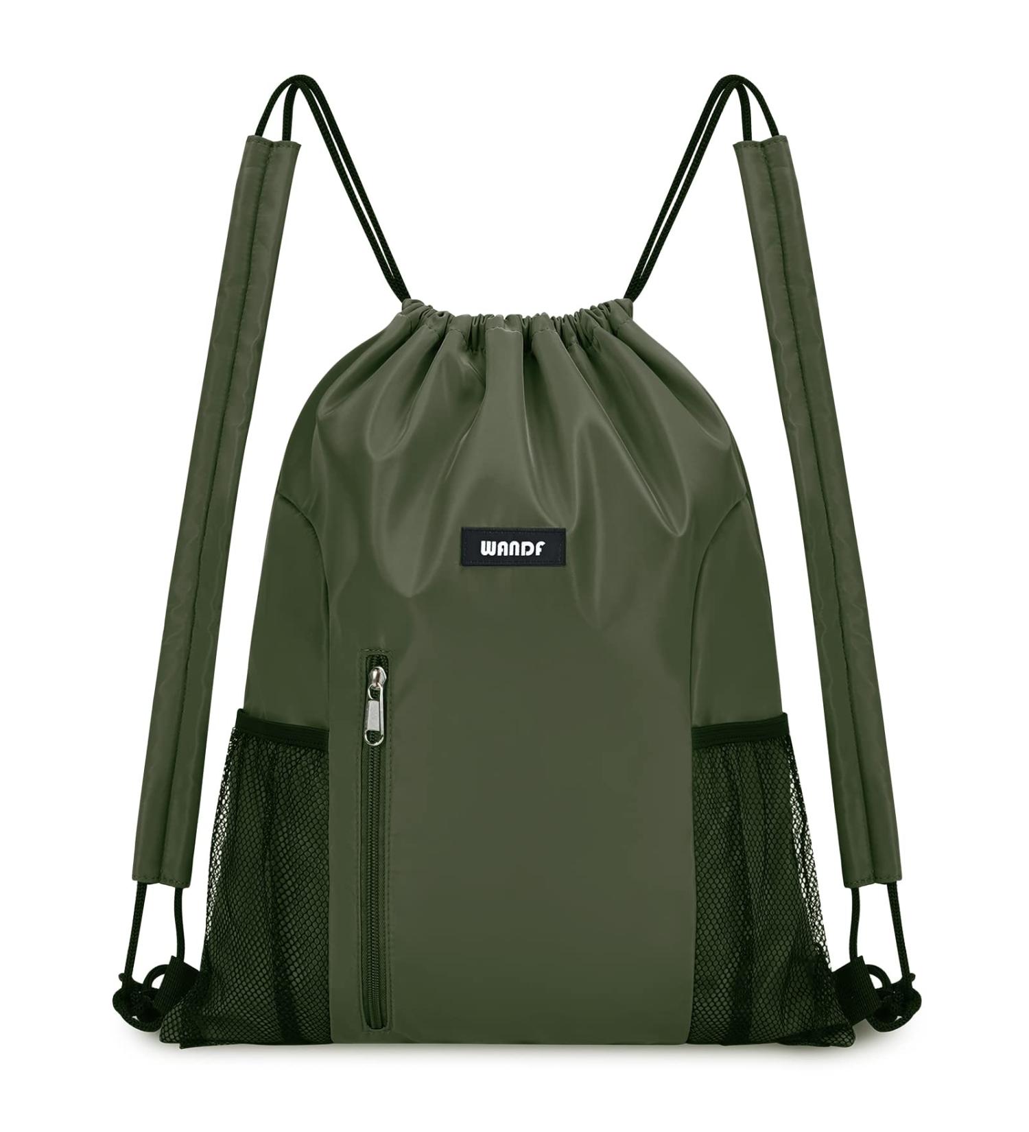 WANDF Drawstring Backpack with Shoulder Pad - Sports Gym Bag with Mesh Pocket for Men & Women - Dark Green - Buy Online on GoSupps.com