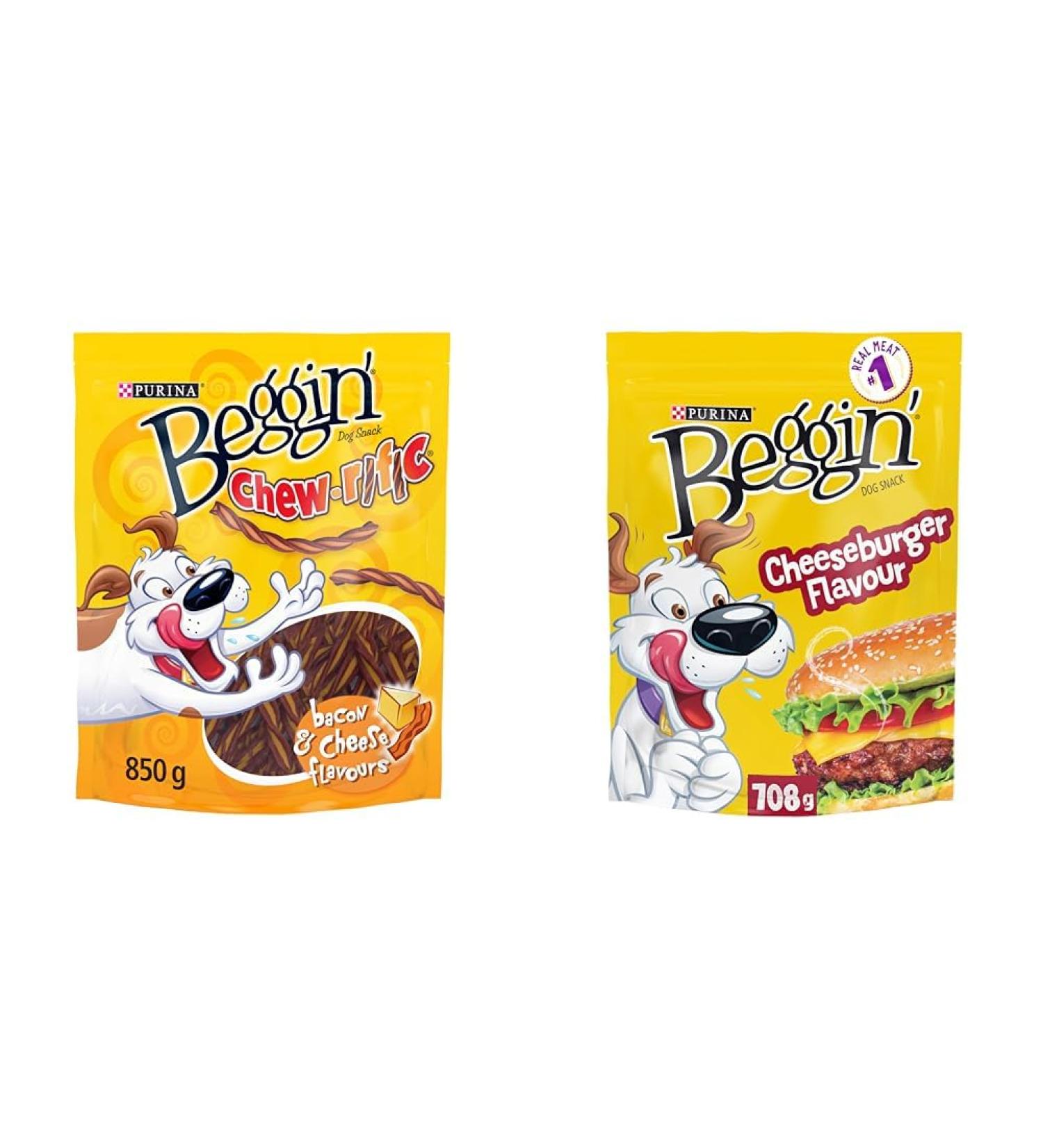 Beggin' Chew-rific Dog Treats Bacon and Cheese - 850 g Pouch (1 Pack) & Beggin' Strips Dog Treats Cheeseburger - 708 g Pouch (1 Pack) - Buy Online on GoSupps.com