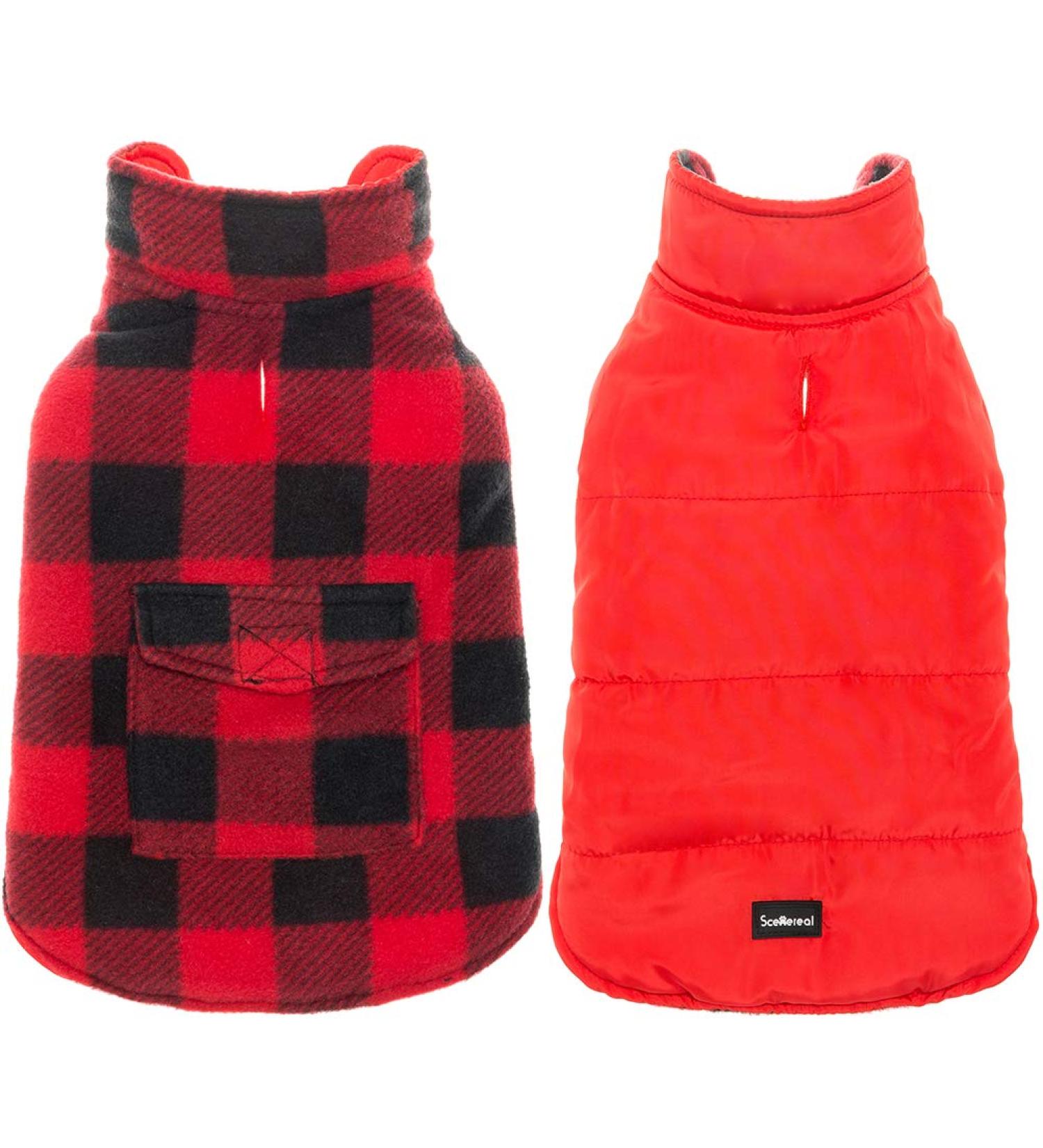 SCENEREAL Reversible Dog Winter Jacket - Windproof Waterproof Plaid Vest for Small, Medium, Large Dogs - Red-Black - Buy Online on GoSupps.com