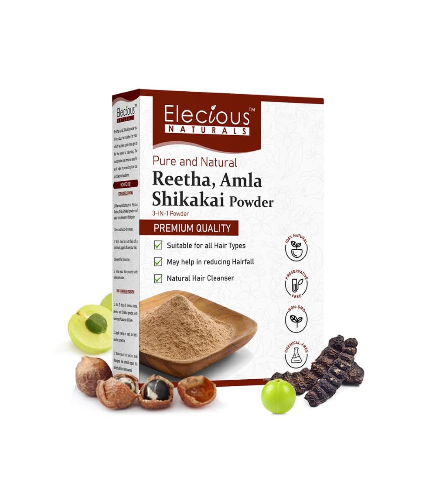 Buy Elecious Naturals 3-in-1 Amla Reetha & Shikakai Powder - 100% Natural Hair Cleanser Chemical-Free & Ready to Use | International Shipping - Buy Online on GoSupps.com