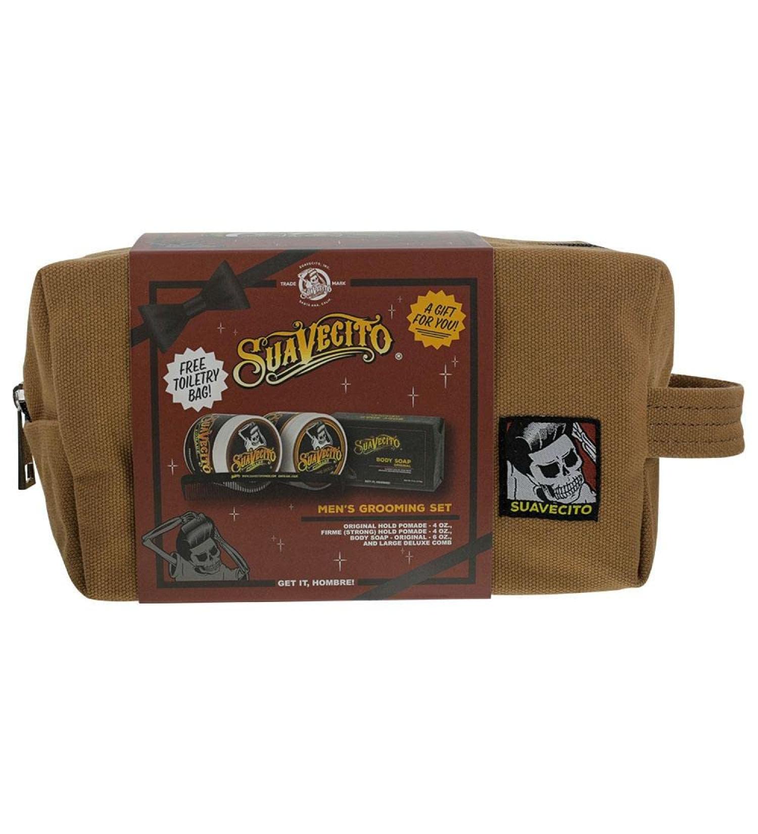Suavecito Men's Hair Grooming Set - OG & Firme Hold Pomade Body Soap Large Comb & Canvas Bag | International Shipping Available - Buy Online on GoSupps.com