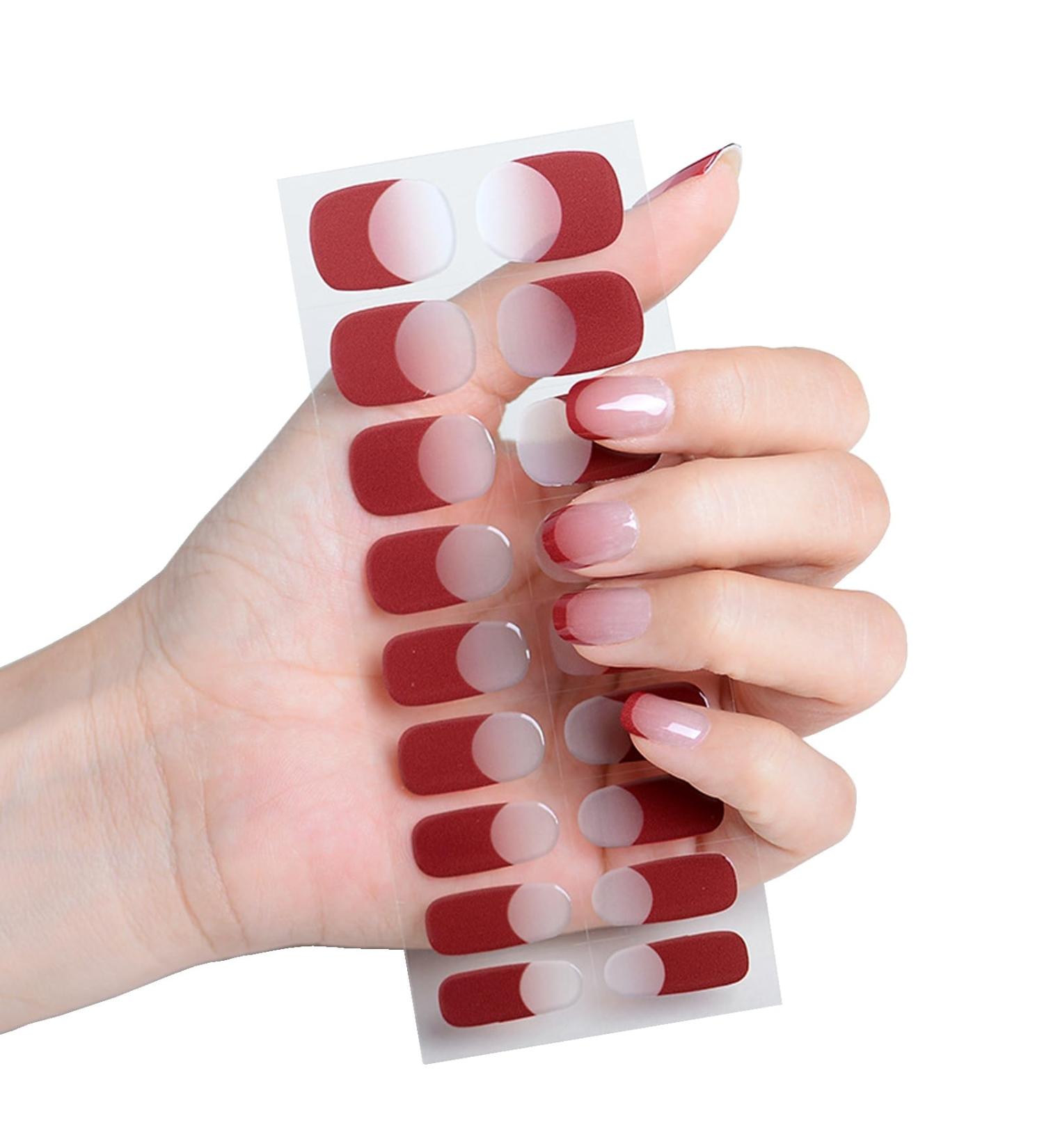 Semi Cured Gel Nail Strips - Red Tips French Manicure Stickers (18Pcs) - Long Lasting UV/LED Gel Nail Wraps - Buy Online on GoSupps.com
