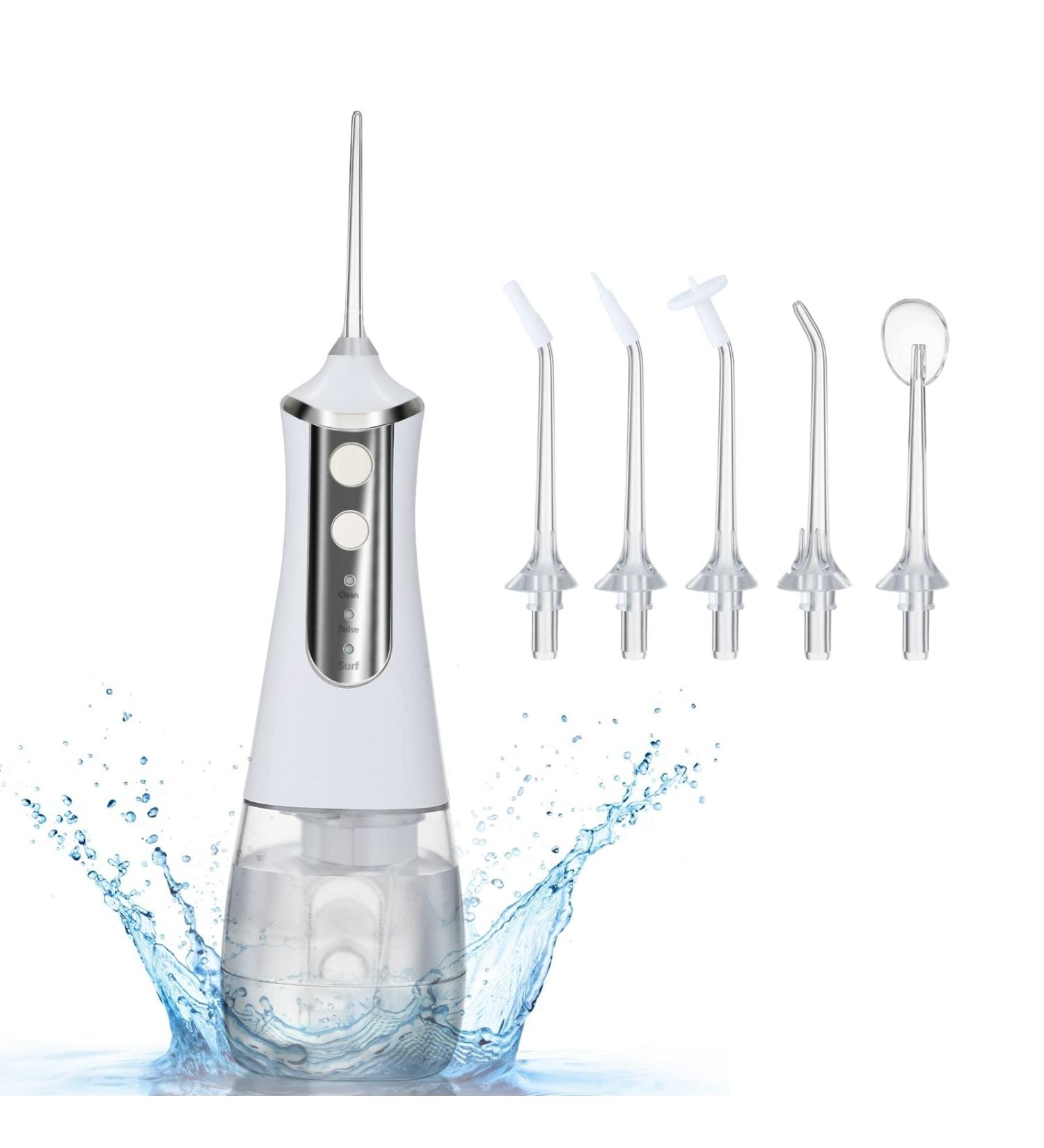 Portable Water Flosser - Rechargeable Oral Irrigator with 3 Modes & 5 Tips for Travel - Waterproof Dental Cleaner - 350ml Detachable Reservoir - Buy Online on GoSupps.com