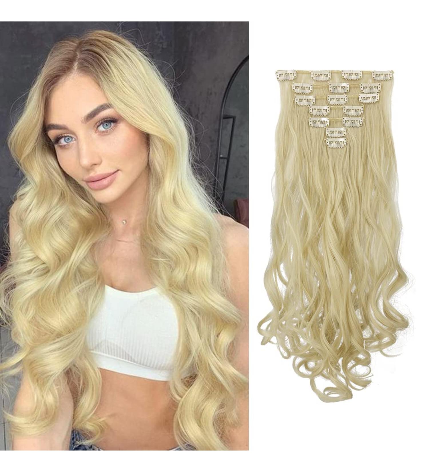 Feshfen Clip In Extensions Set - 7 Parts 16 Clips 50cm Wavy Bright Bleach Blonde Hair Extensions for Women - Buy Online on GoSupps.com