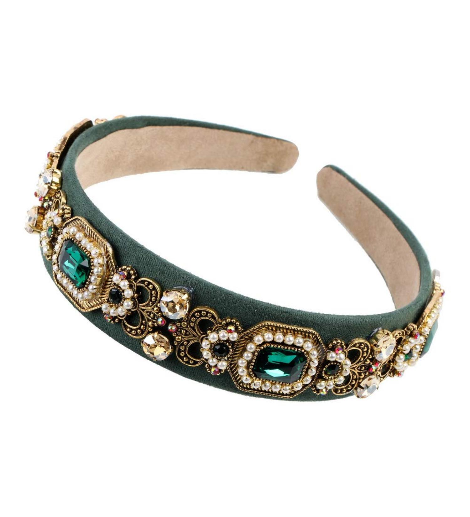 Vintage Crystal Headband with Simulated Pearl Beads - Rhinestone Flower Leaf Charm Hair Jewelry in Green - Buy Online on GoSupps.com