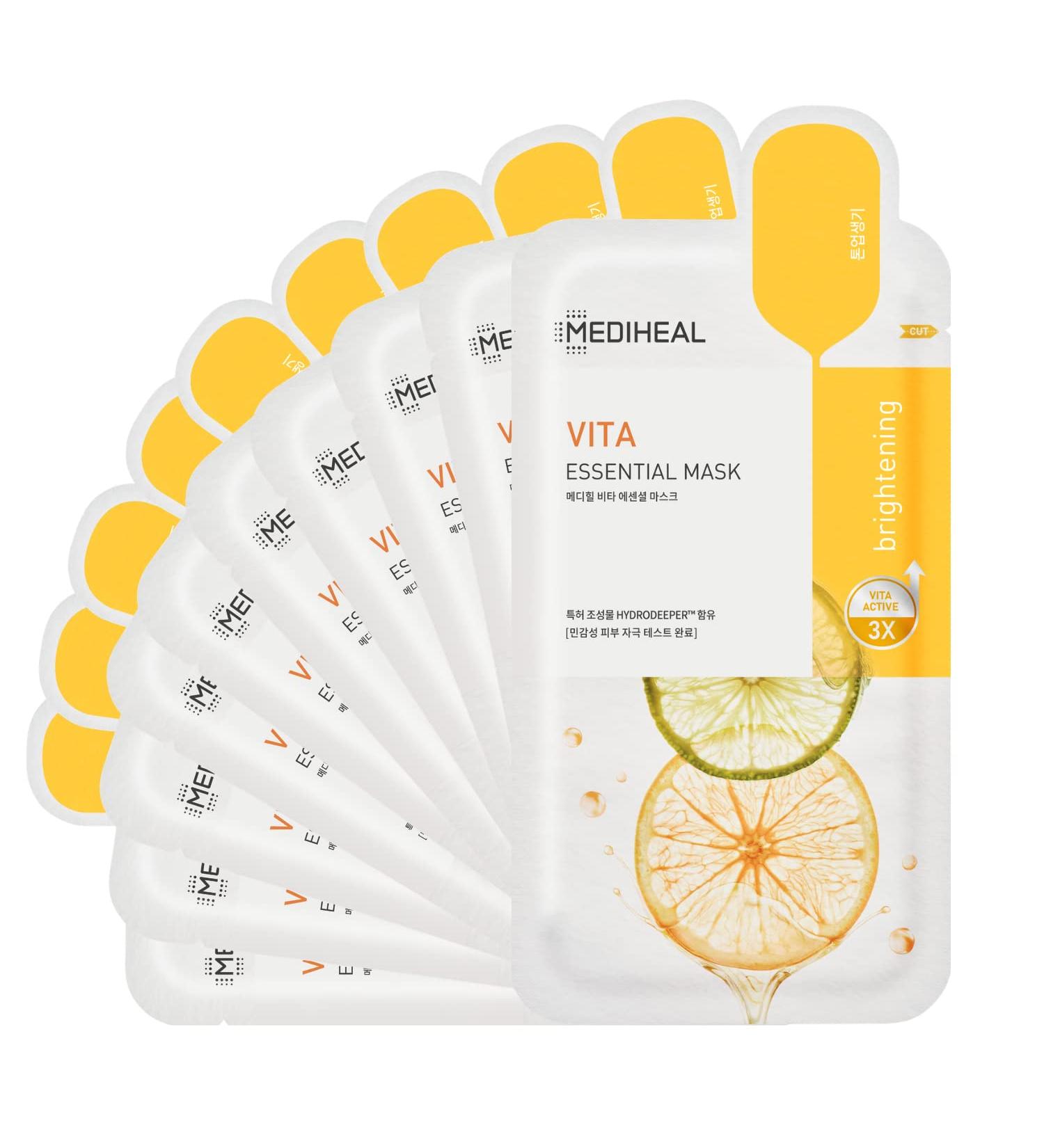 MEDIHEAL Vita Essential Face Mask - 10 Sheets Vitamin Mask for All Skin Types - Smoothing, Tightening, Toning, Brightening - Korean Sheet Mask - Buy Online on GoSupps.com