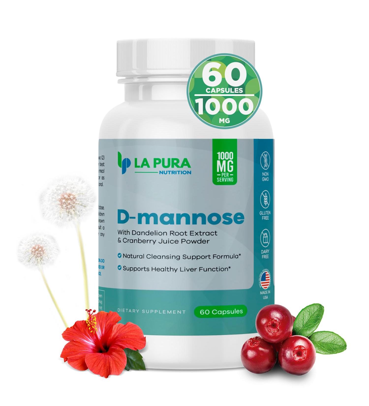 LaPura D-mannose 1000 mg Supplement with Cranberry Juice Powder, Hibiscus Flower & Dandelion Herb Extract, 60 Capsules - Natural Cleansing Support, Healthy Liver, Bladder, Urinary Tract Function 60 Count (Pack of 1) - Buy Online on GoSupps.com
