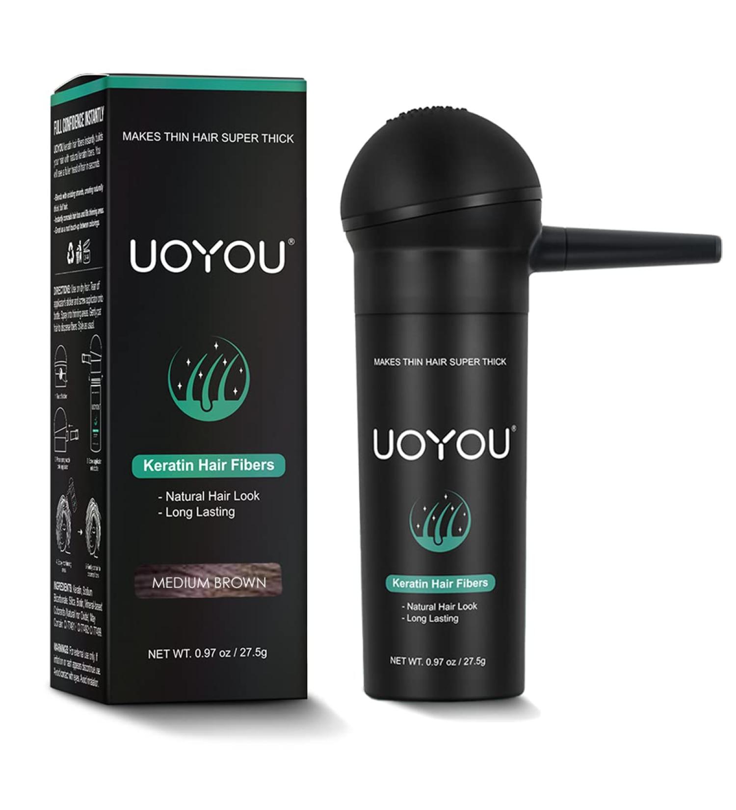 UOYOU Medium Brown Hair Fibres 27.5g Bottle with Applicator | Hair Loss Concealer for Men and Women | Natural Keratin Hair Building Powder - Buy Online on GoSupps.com