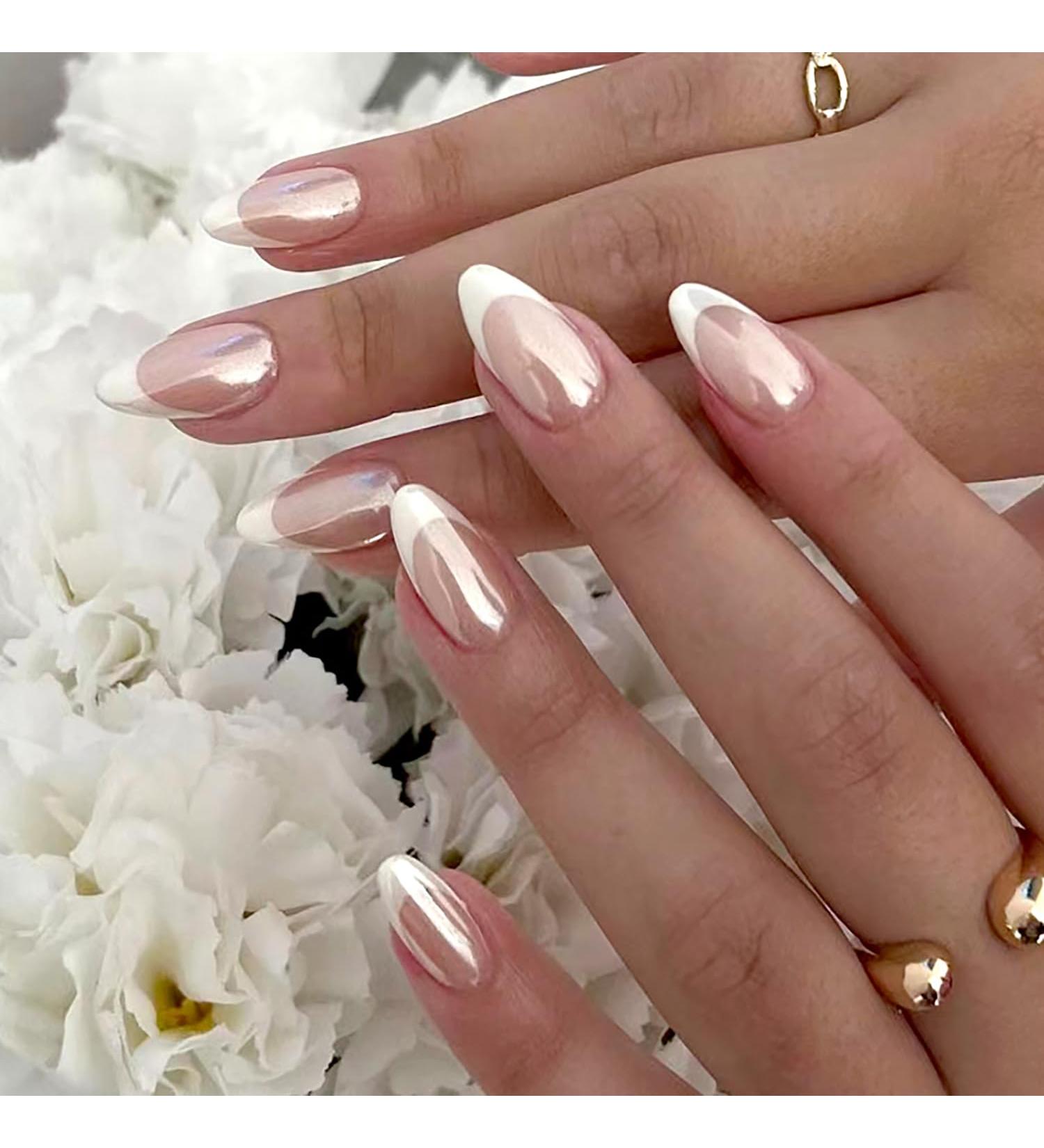 White French Tip Press On Nails - Almond Pink Chrome Design Full Cover Long Acrylic False Nails for Women & Girls - 24 Pcs - Buy Online on GoSupps.com