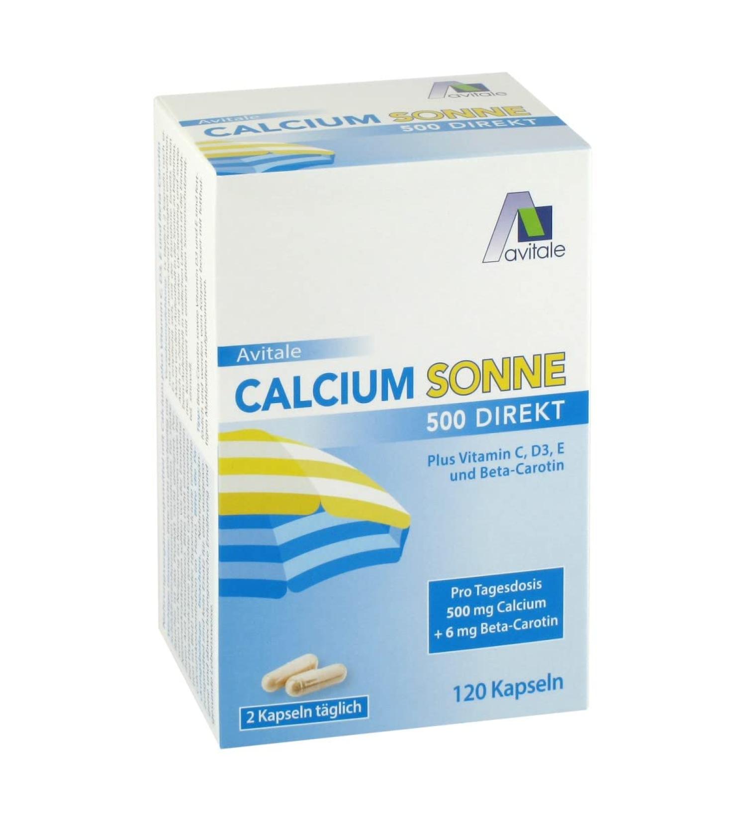 Calcium sun 500 - only 2 capsules daily to prepare your skin for the sun with 500 mg calcium and 6 mg beta -carotene plus vitamin C D3 and E