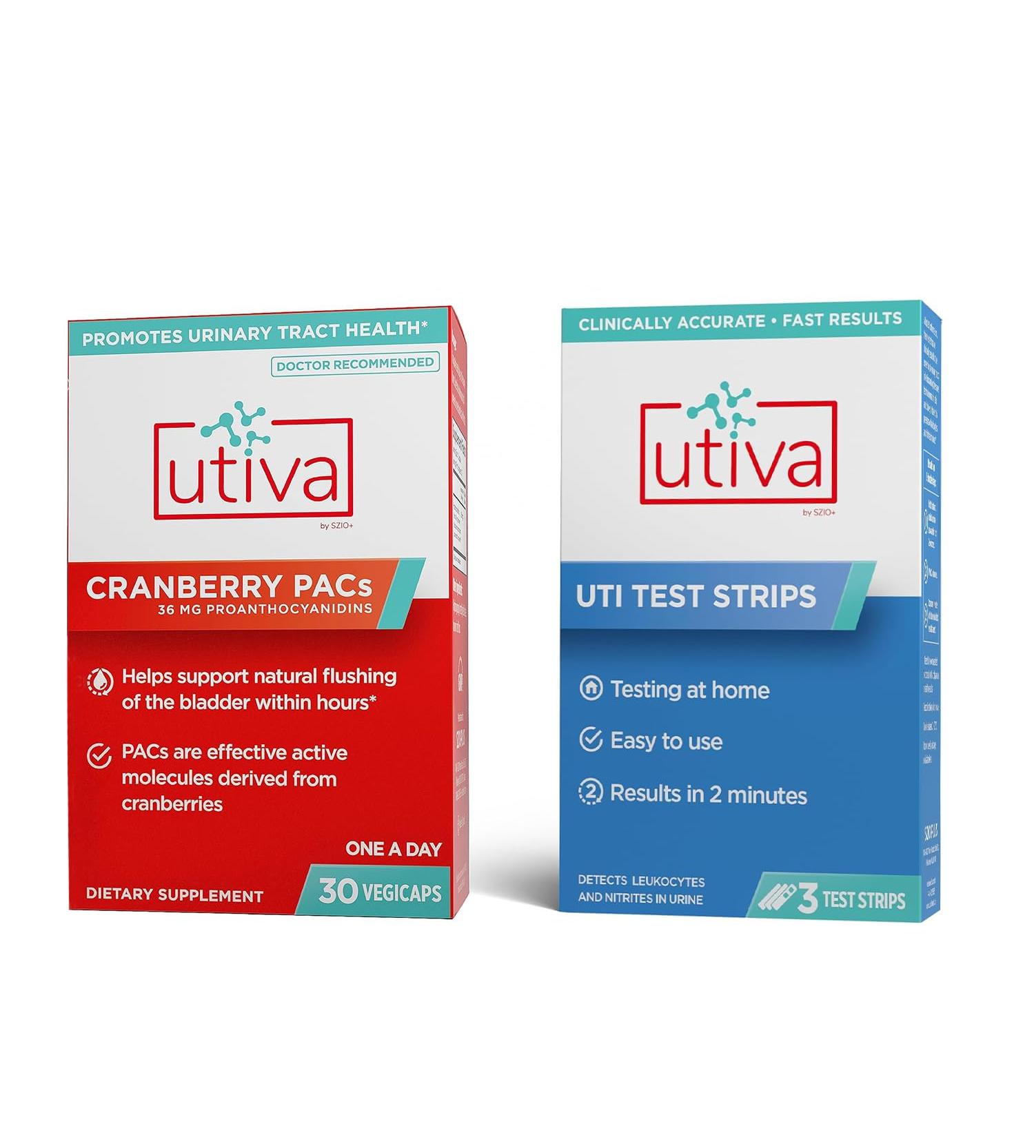 Szio+ 10% Bundle Utiva Cranberry PACs 30 Vegi Capsules Cranberry Supplement for Urinary Tract Health for Women and Men + UTI Test Strips 3 Individual Urine Test Strips for Women and Men - Buy Online on GoSupps.com