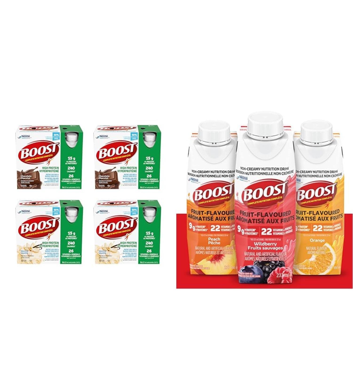 BOOST 15g Protein Meal Replacement Drink Chocolate and Vanilla Variety Pack 6x237ml Case Pack of 4 Packaging May Vary & Fruit Flavoured Drink Variety Pack 237ml 24 count BEVERAGE + PROTEIN_DRINK - Buy Online on GoSupps.com