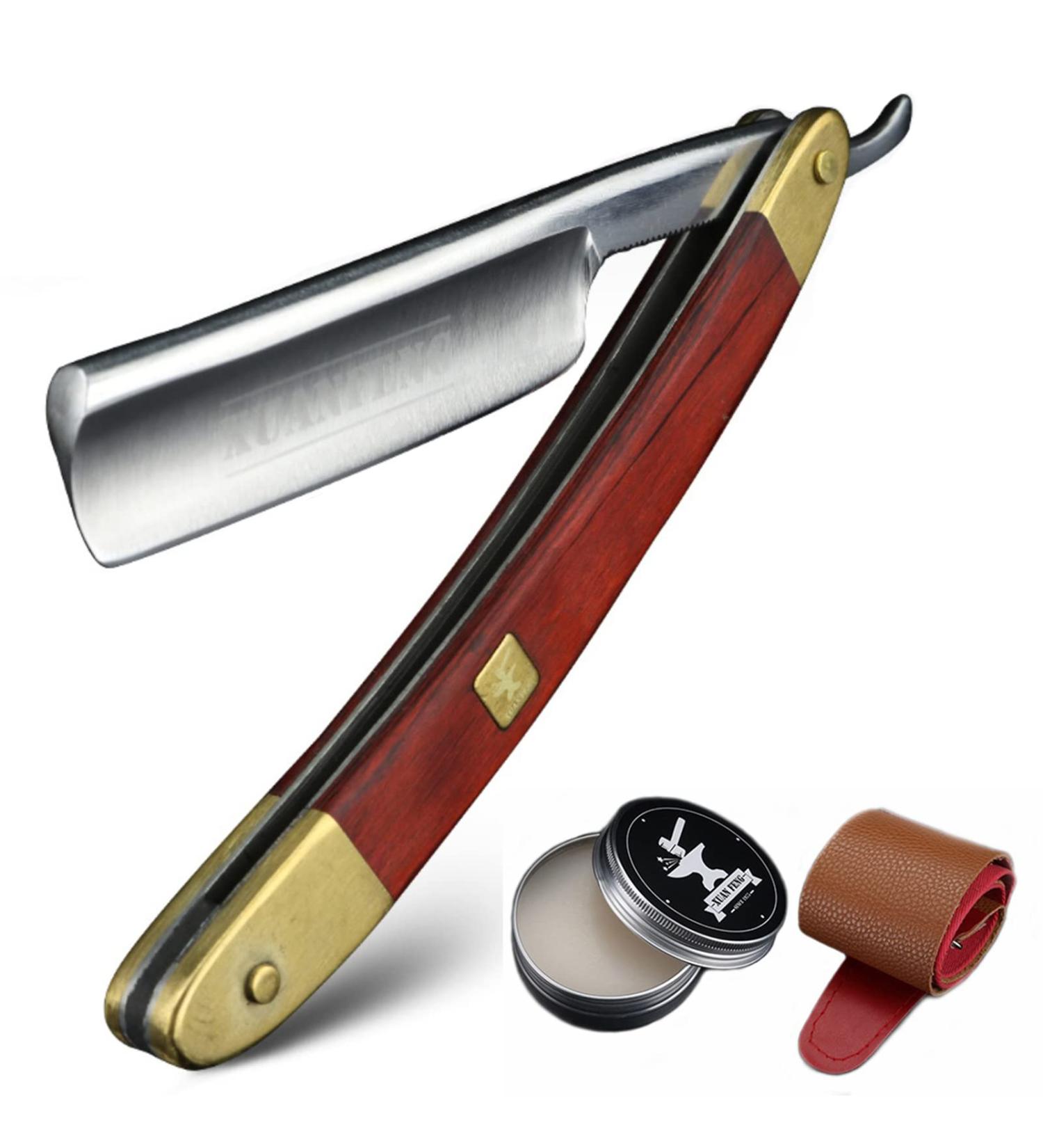 Fbrerurt Traditional Manual Beard Razor Set - Straight Cut Throat Razor with Red Wood Handle & Stainless Steel Blade - International Shipping Available - Buy Online on GoSupps.com