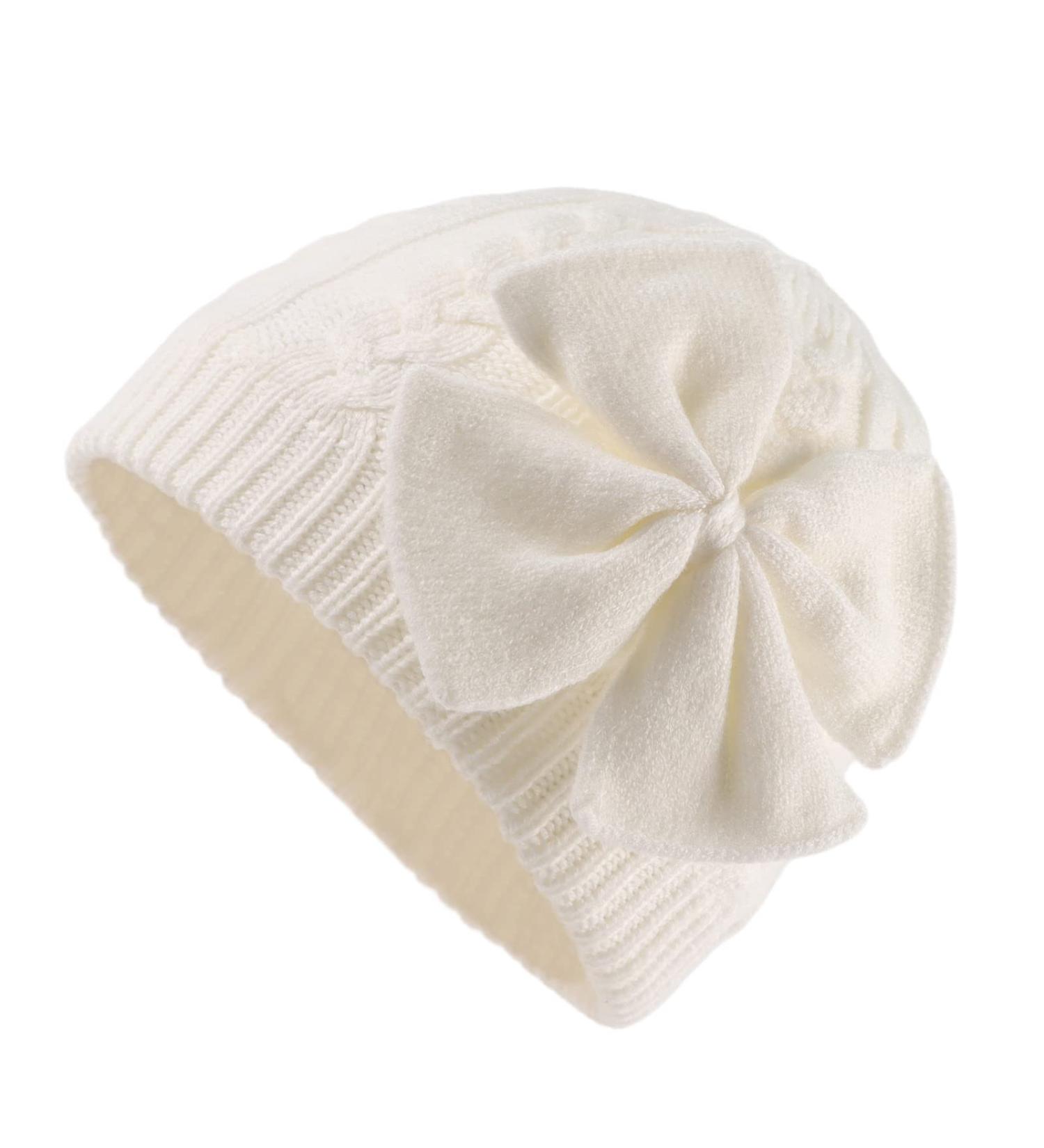 XIAOHAWANG Baby Girl Winter Hat with Bow | Warm Knitted Beanie for Infant Toddler Girls 6-24 Months - White - Buy Online on GoSupps.com