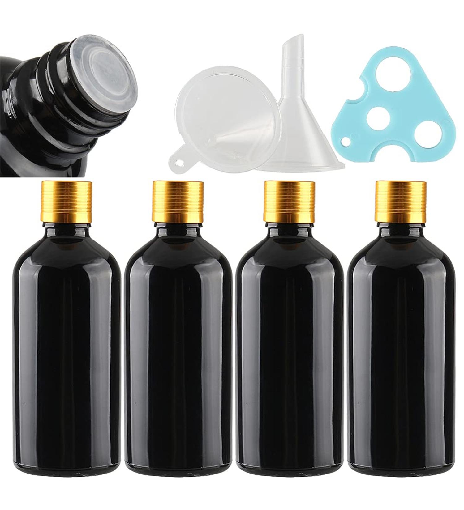 Tianzd 100ml Gloss Black Glass Bottles - 4 Piece Set with Gold Aluminum Screw Caps | Ideal for Fragrance Perfume Oil & Aromatherapy - Buy Online on GoSupps.com