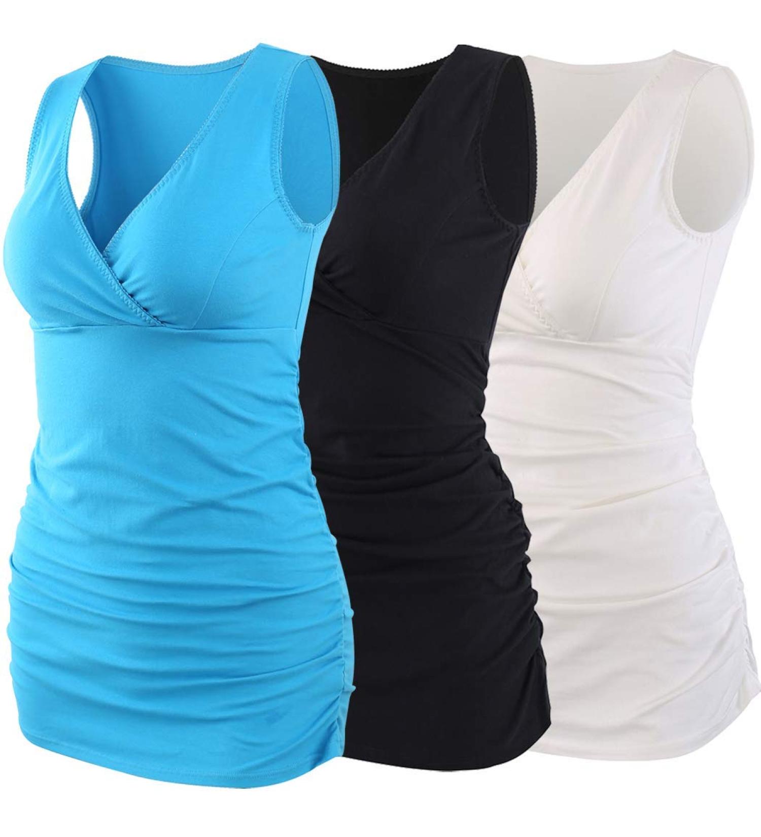 ZUMIY Maternity Nursing Top - Women's Cotton V Neck Ruched Waist Double Layered Tank - S Black/White/Lake Blue 3-Pack - Buy Online on GoSupps.com