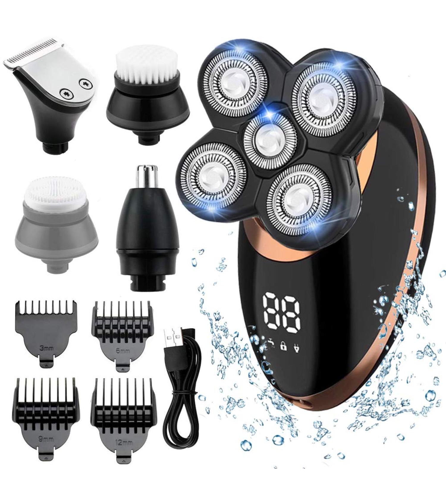 Electric Shaver Razor for Men Mens Shaver Trimmer Grooming 5 in 1 Rotary Cordless Hair Clippers for Perfect Bald Look with 4D Floating 5 Razor Head LED Display IPX7 Waterproof Quick USB Rechargeable Gold - Buy Online on GoSupps.com