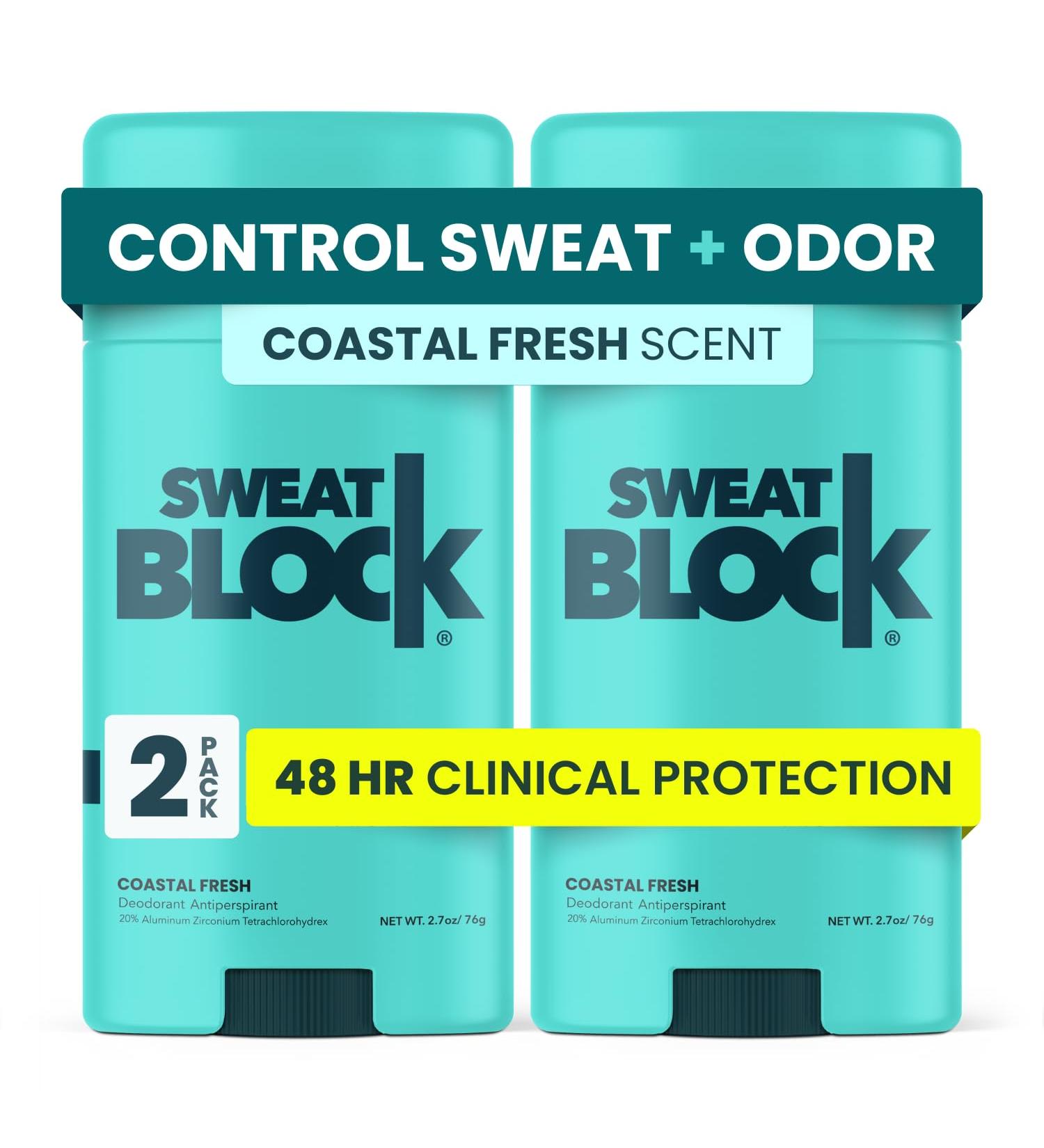 SweatBlock AM Deodorant Antiperspirant - Daily Protection for Men & Women | Coastal Fresh 2.7oz Stick (2 Pack) - Buy Online on GoSupps.com