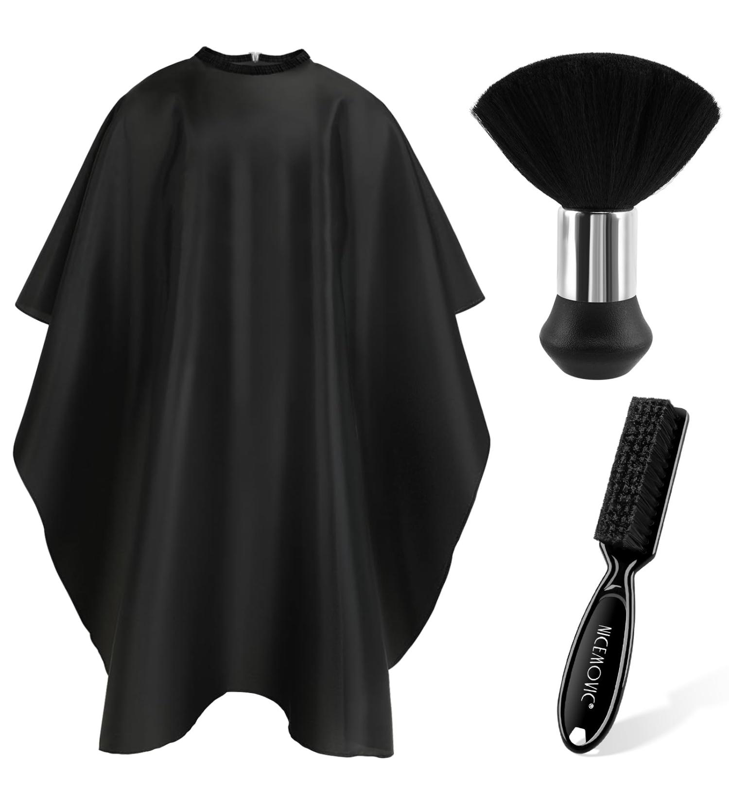 NICEMOVIC Hair Cutting Cape & Accessories - Professional Barber Supplies with Neck Duster & Brush for Salon Styling (Black - Buy Online on GoSupps.com