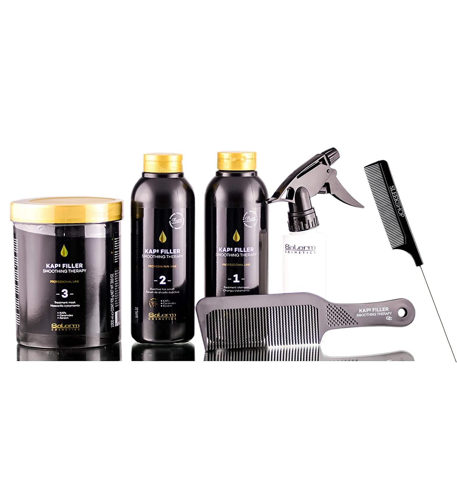 Salerm Cosmetics KAPS Filler Smoothing Therapy 6-PIECE Professional Kit (w/Sleek Comb) Kap + Ceramides + Keratin (PRO KIT)