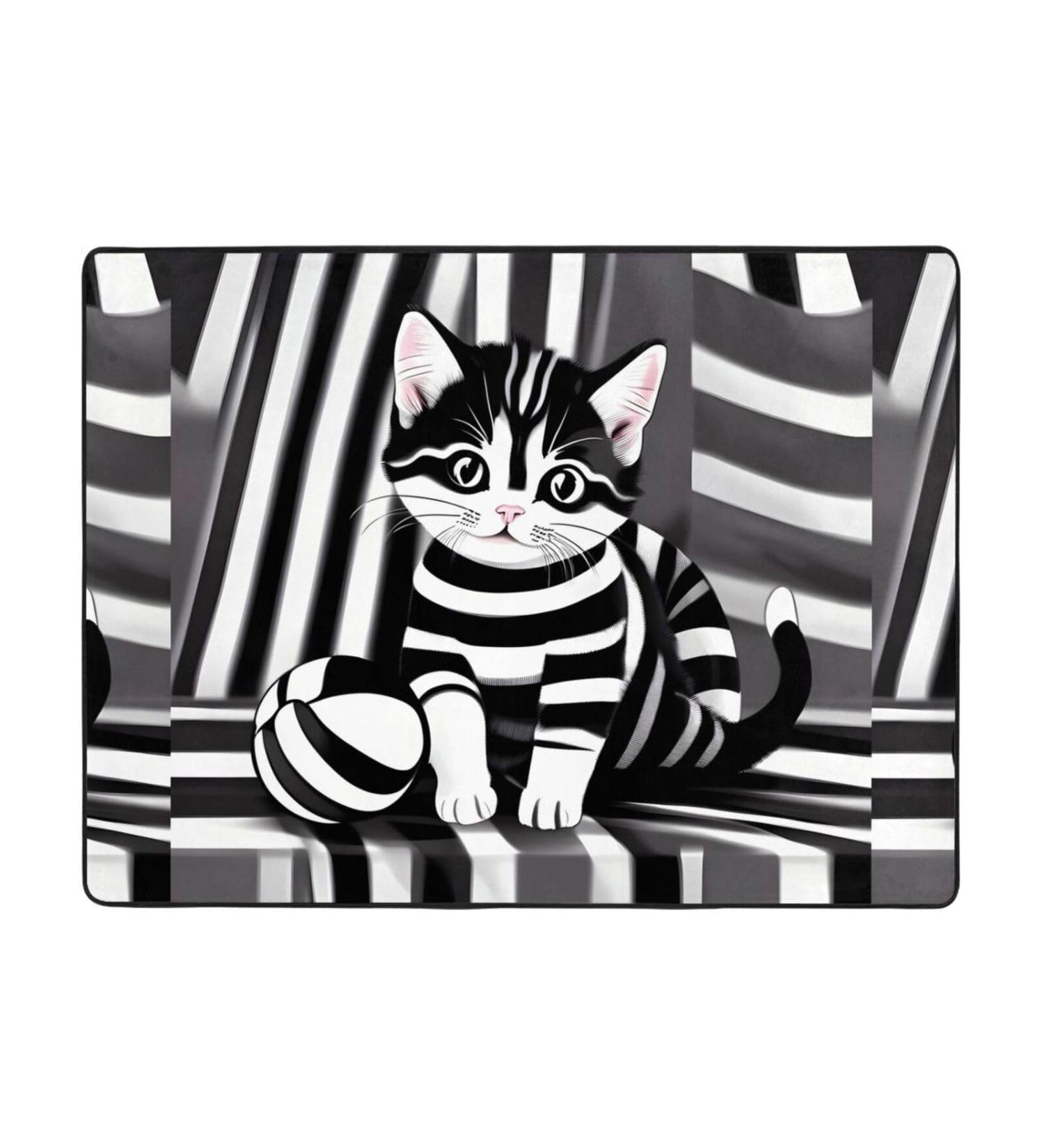 Black and White Striped Kitten Flannel Non-Slip Floor Mat - 63x48 Inches Comfortable & Lint-Free Perfect for Home & Office - Shop Internationally - Buy Online on GoSupps.com