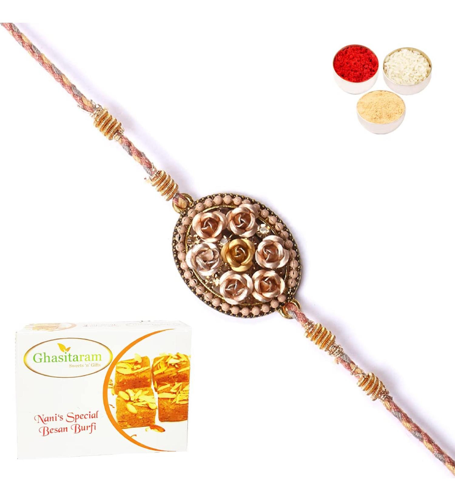 Ghasitaram Gifts Rakhi for Brother Rakhis Online - RM-640 Premium Rakhi with 200 GMS of Besan Barfi - Buy Online on GoSupps.com