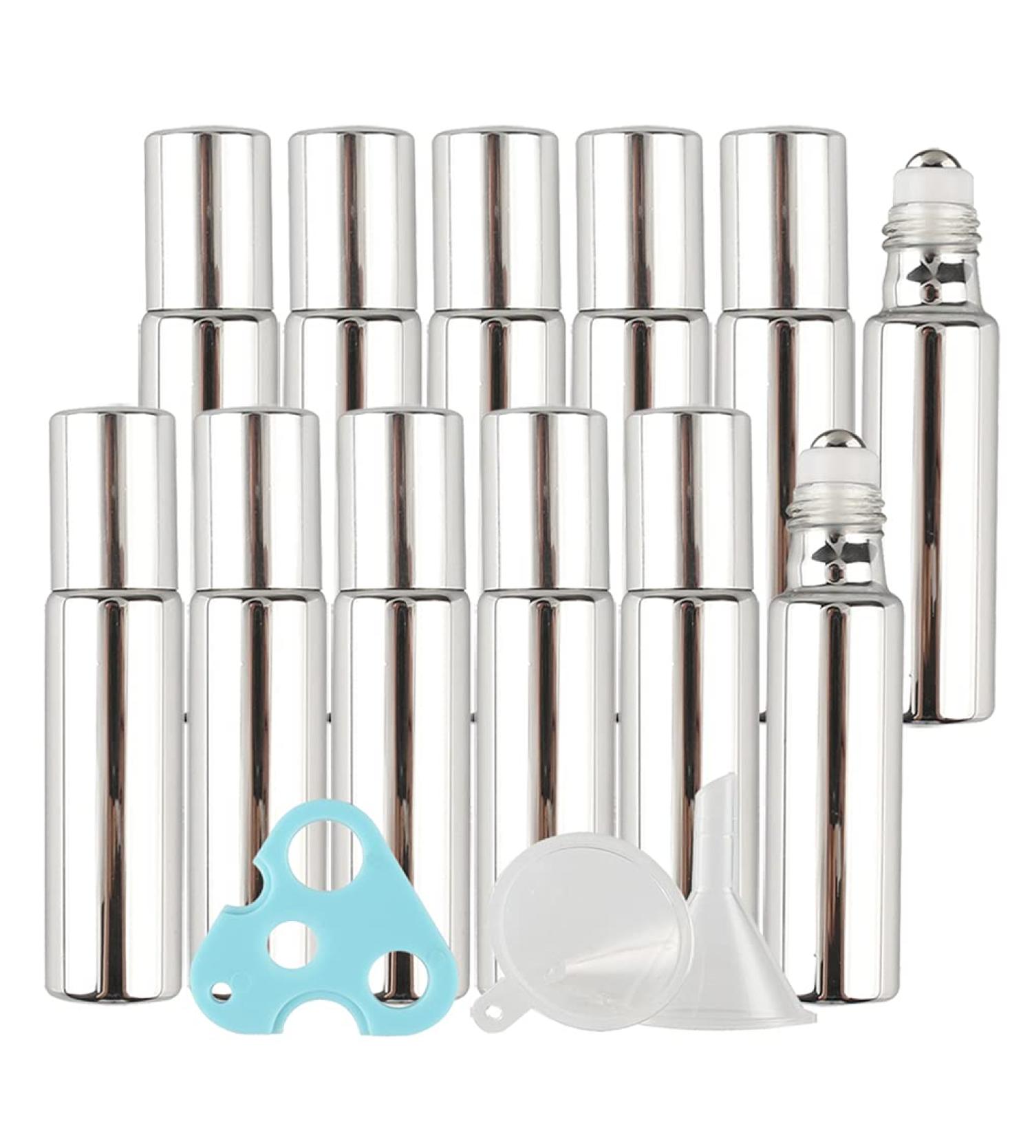 Zeoabsy 24-Piece Silver UV-Coated Essential Oil Roller Bottles Set 5ml Glass Perfume Bottles with Stainless Steel Rollers Travel Accessories & Funnels for Aromatherapy - Buy Online on GoSupps.com