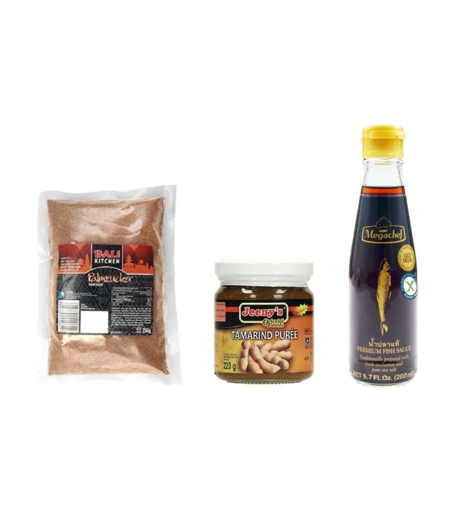 Pamai Pai set of 3: Tamarind paste 220g glass + Fish sauce Megachef 200ml + Palm sugar 250g