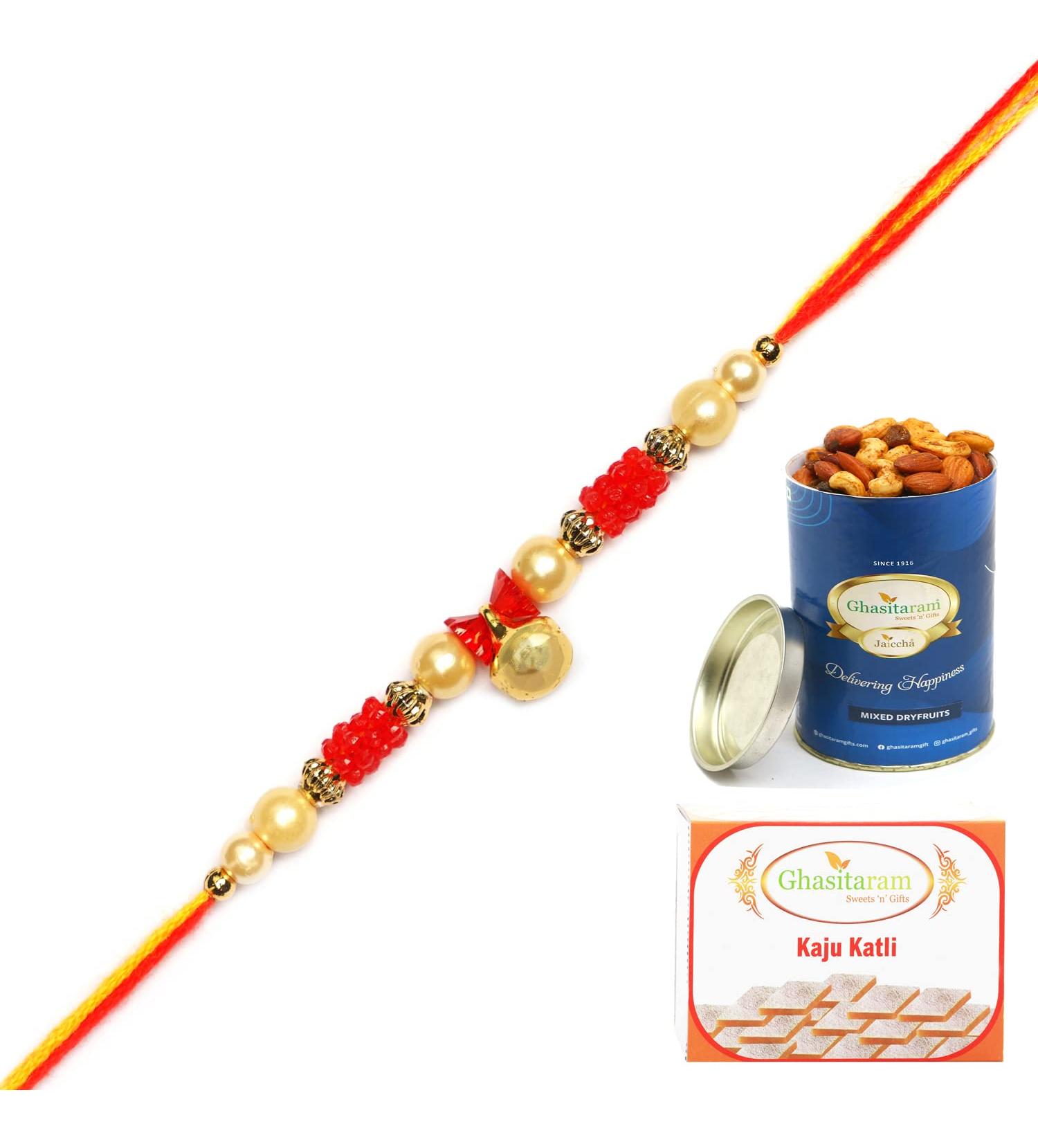 Ghasitaram Gifts Rakhi for Brother Rakhis Online - 6127 Pearl Rakhi for My Brother with 100 GMS of Dryfruits Mix Can 200 GMS of Kaju katli Rakhi & 100g Dryfruits Mix Can 200g Kaju katli - Buy Online on GoSupps.com