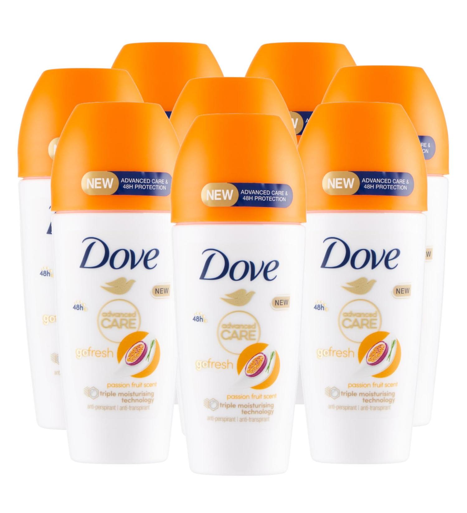 Dove Dove Go Fresh Roll-On Deodorant with Passion Fruit 48-hour protection 0% alcohol antiperspirant fresh and fruity fragrance 8 x 50ml bottles