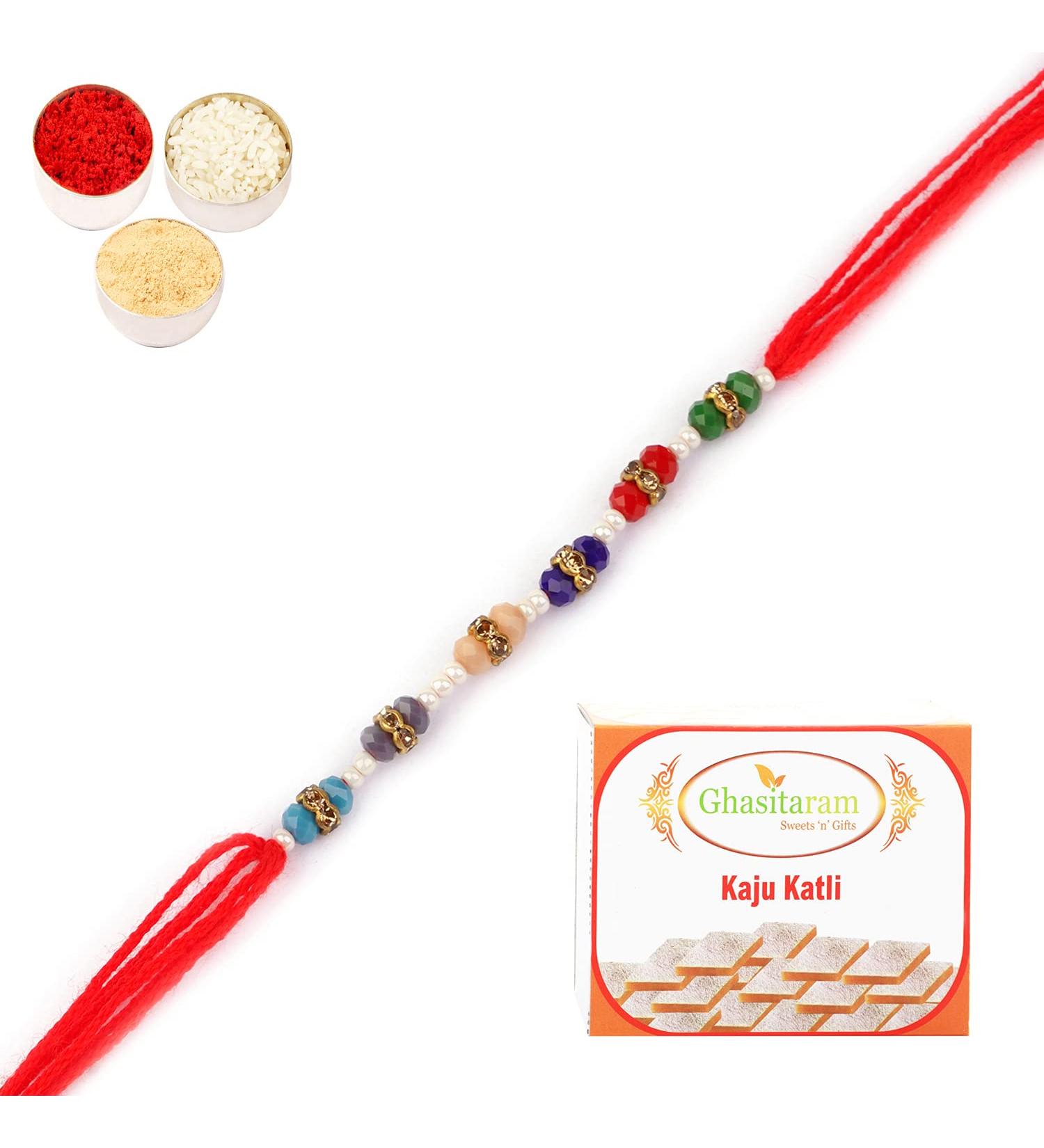 Ghasitaram Gifts Rakhi for Brother Rakhis Online - 6958 Fancy Thread Rakhi with 400 GMS of Kaju katli - Buy Online on GoSupps.com
