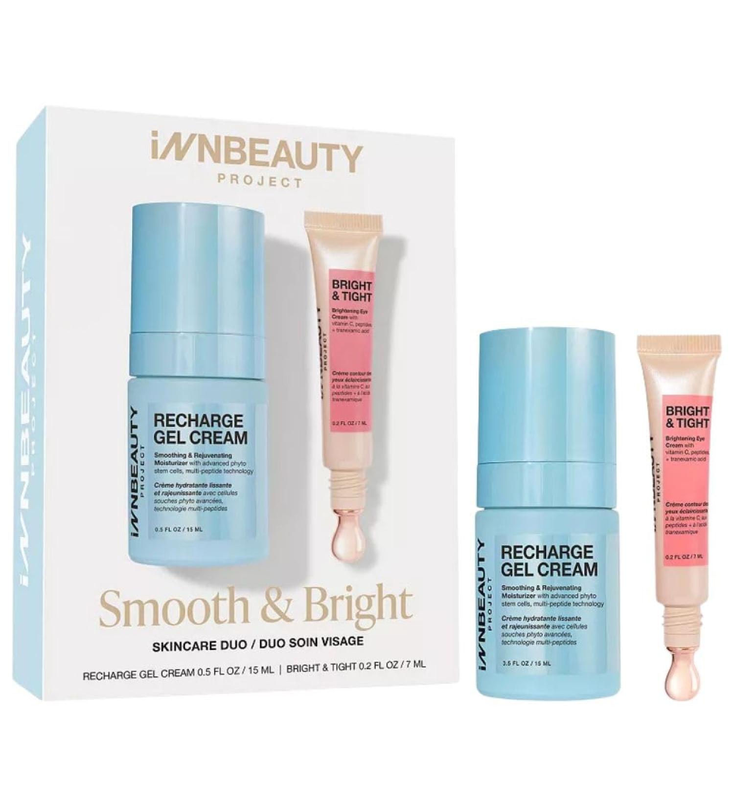 INNBEAUTY Project Smooth & Bright Travel Skincare Holiday Gift Set Gel Cream & Eye Cream for Hydration Radiance & Dark Circles