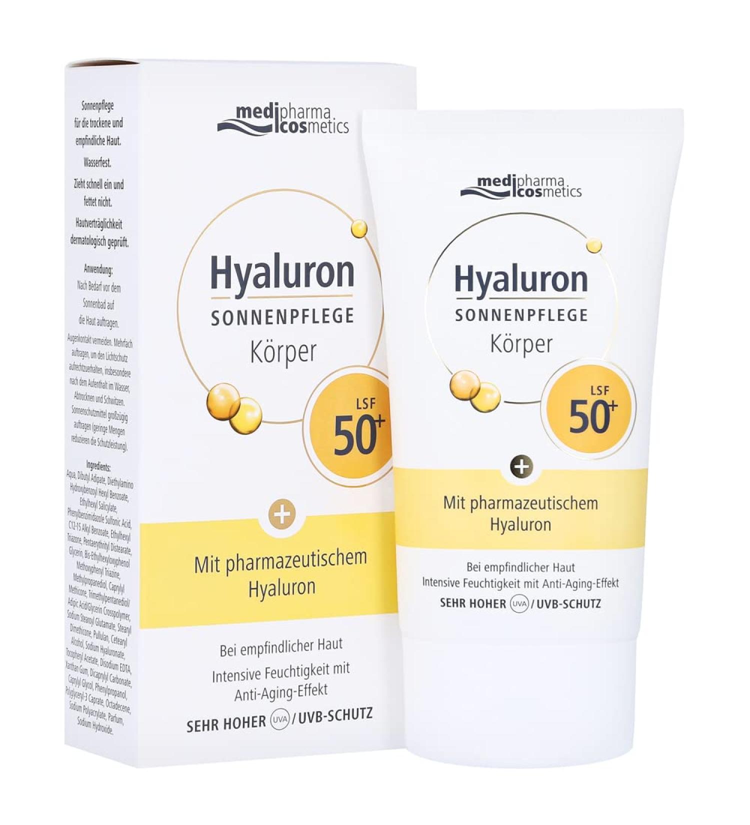 Hyaluron sun care body LSF 50+ with hyaluron in pharmaceutical quality + anti-aging effect protects gives moisture tightens and consolidates the skin from medipharma cosmetics