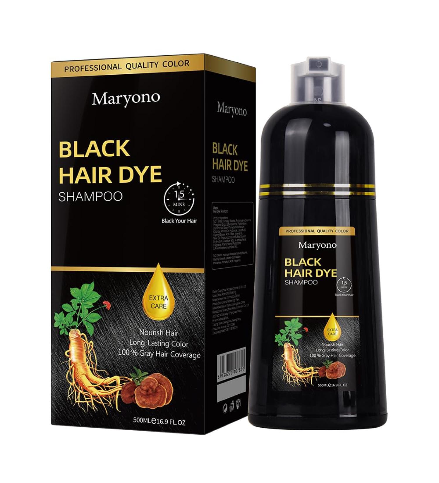 Maryono Black Instant Hair Dye Shampoo 3 in 1 - 500ml for Gray Hair Coverage - Herbal Ingredients for Women & Men - Fast International Shipping - Buy Online on GoSupps.com