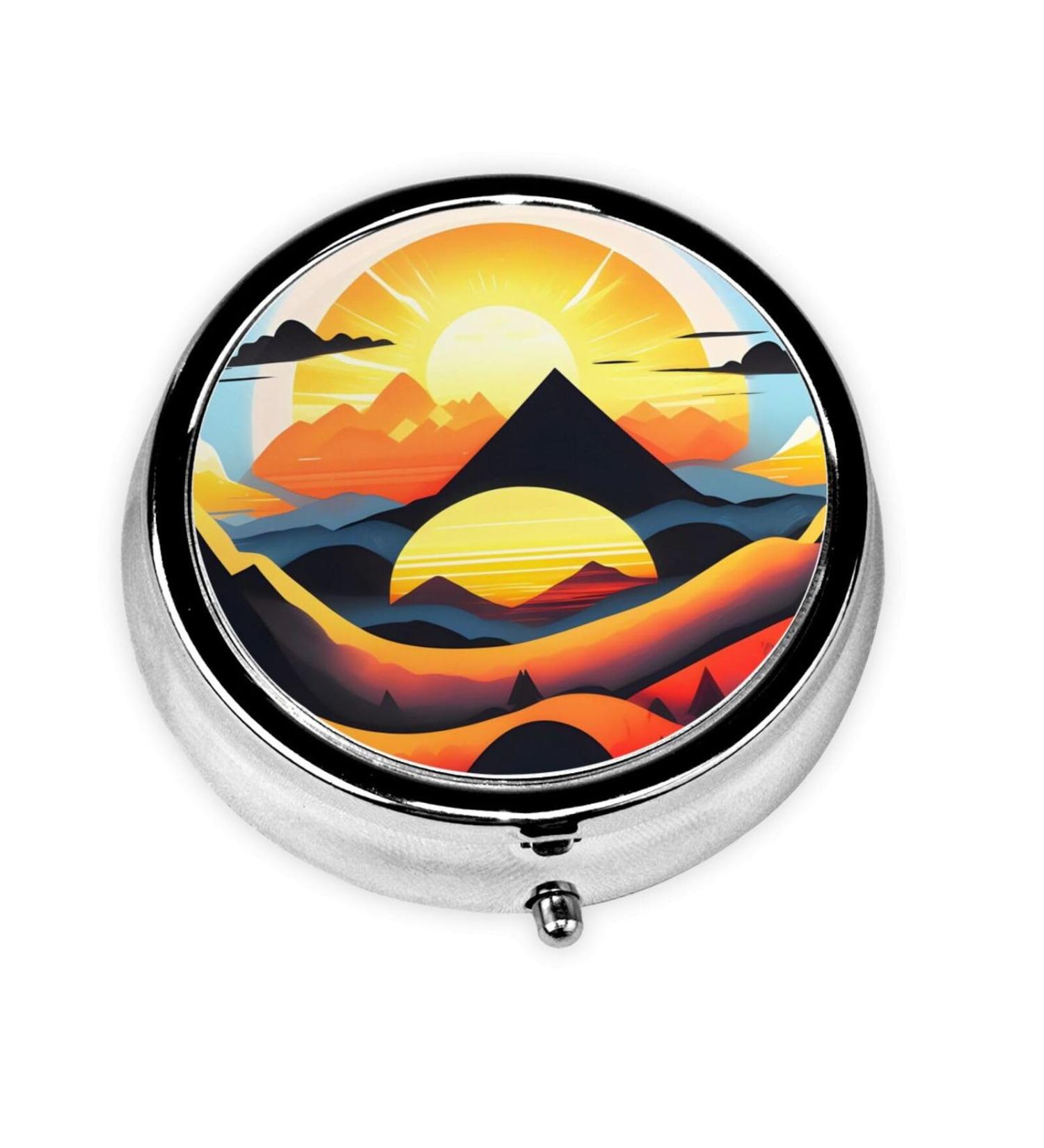 Sunrise Mountain Round Pill Box - Portable 3-Compartment Organizer for Travel & Purse - Buy Online on GoSupps.com