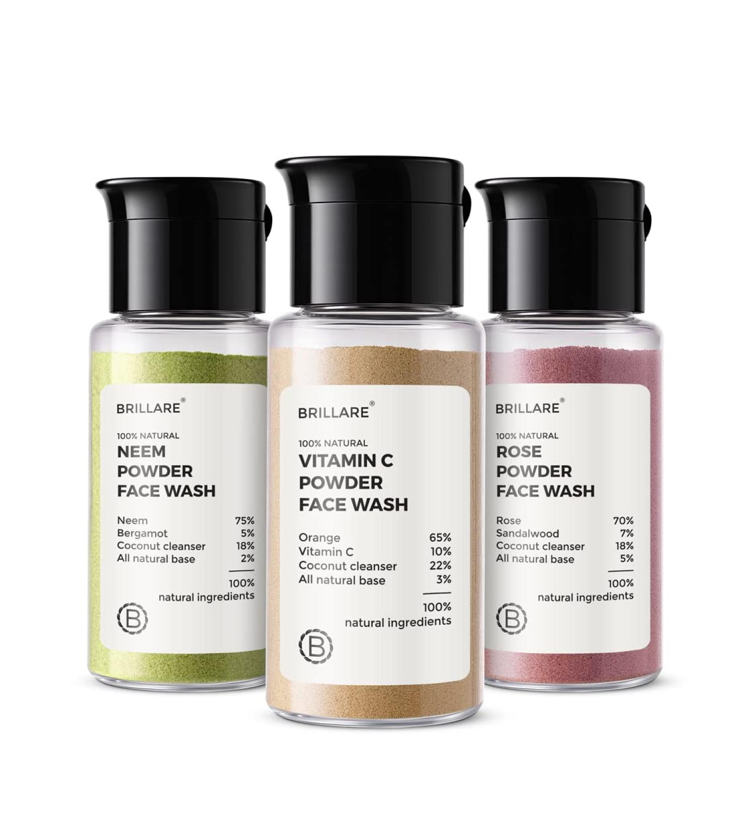 Brillare Powder face wash Combo Neem Vitamin C & Rose facewash for Oily Acne Prone Pigmented Ageing Dry and Dull skin 15 gram each - Buy Online on GoSupps.com