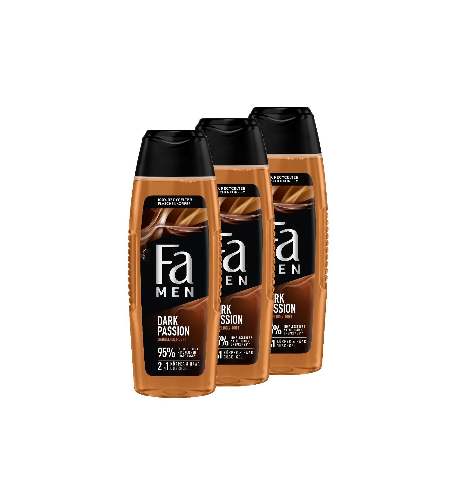 handle FA Dark Passion Shower gel for men 3 x 250 ml 2in1 for body and hair with the masculine scent of seductive sandalwood and oriental spices mild and vegan formula - Buy Online on GoSupps.com