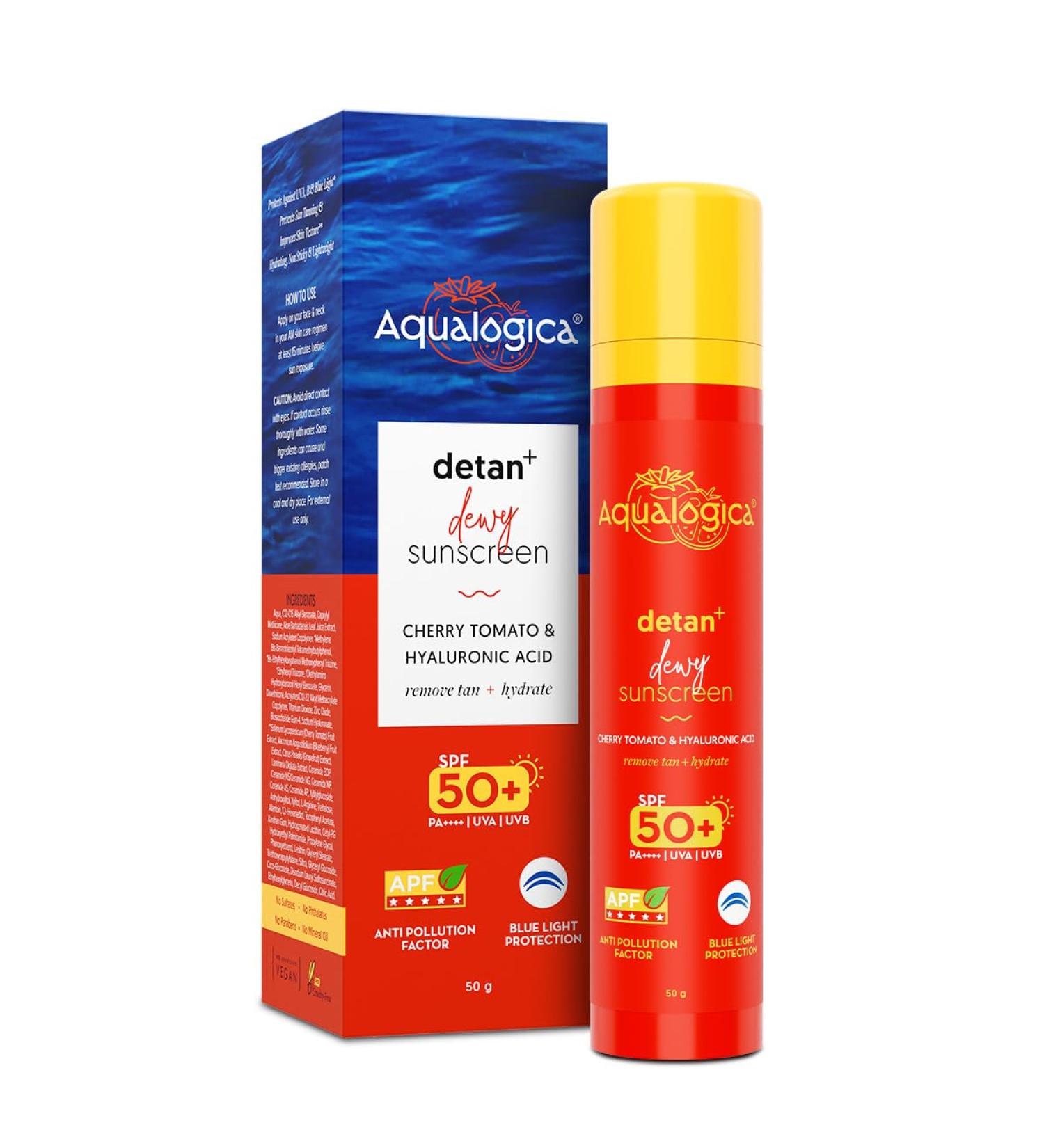 Aqualogica Detan+ Dewy Face Sunscreen with SPF 50+ & PA++++ | Blue Light Protection & No White Cast | Fights Sun Damage with Cherry Tomato & Hyaluronic Acid | 1.76 Oz/50g 1.76 Ounce (Pack of 1) - Buy Online on GoSupps.com