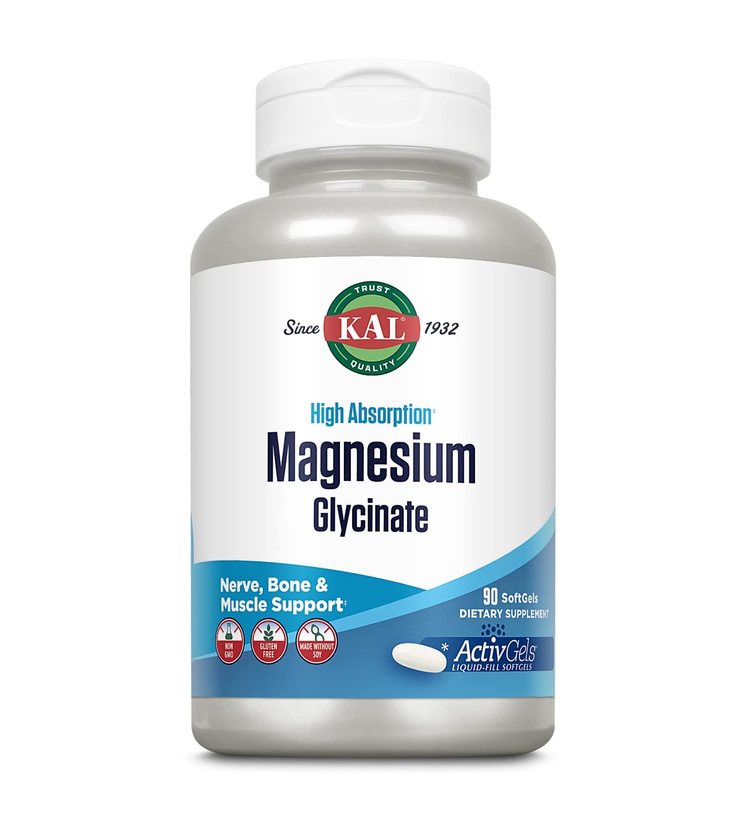 KAL Magnesium Glycinate ActivGels 315mg - High Absorption Supplement for Muscle, Nerve & Bone Health - Non-GMO, Gluten Free - 90 Softgels - Buy Online on GoSupps.com
