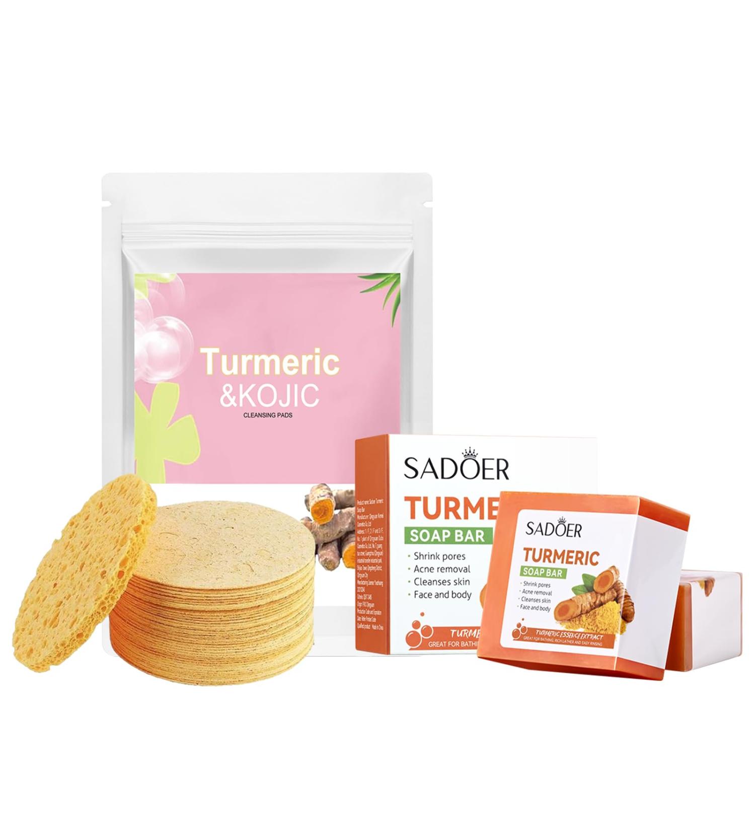 Buy Natural Turmeric Soap Bar & Cleansing Pads | Handmade Face & Body Soap with 30 Facial Sponges - Smoother Skin for Men & Women - Buy Online on GoSupps.com