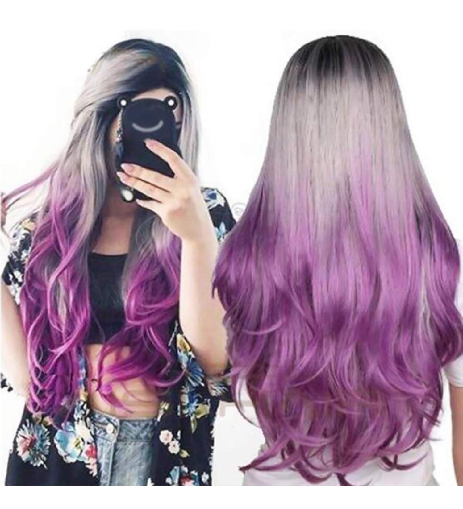 Akemaio Women s Long Curly Ombre Wig - Black Gray Purple Gradient - Stylish Pointed Front Design - Buy Online on GoSupps.com