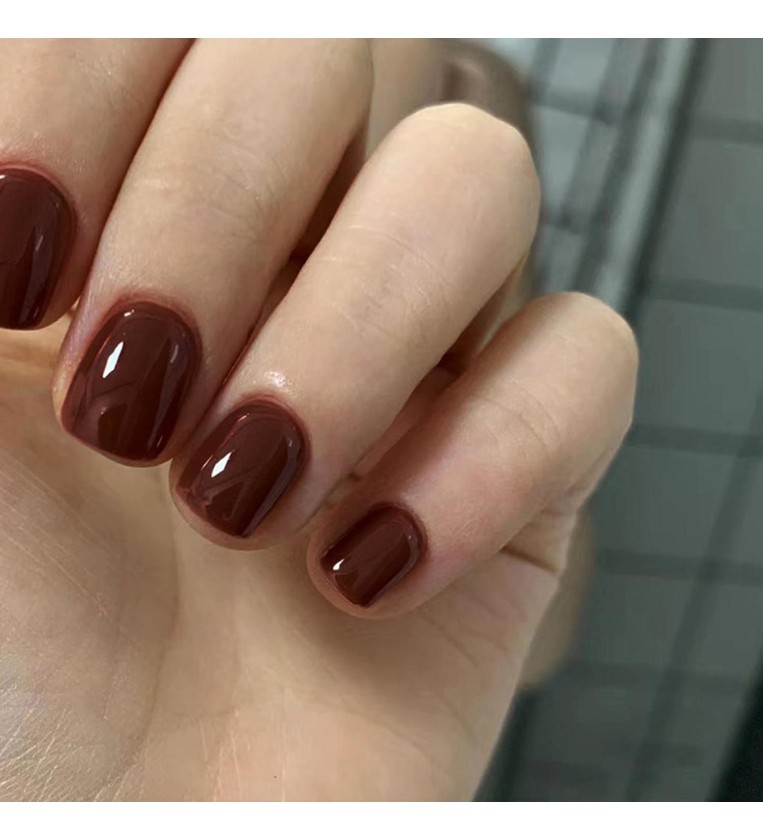DMQ Square False Nails Short 24Pcs Red Brown Fake Nails Autumn Winter Press on Nails Glossy Full Cover Stick on Nails with Glue French Nail Tips for Women Girls Nails Art Red Brown Short - Buy Online on GoSupps.com
